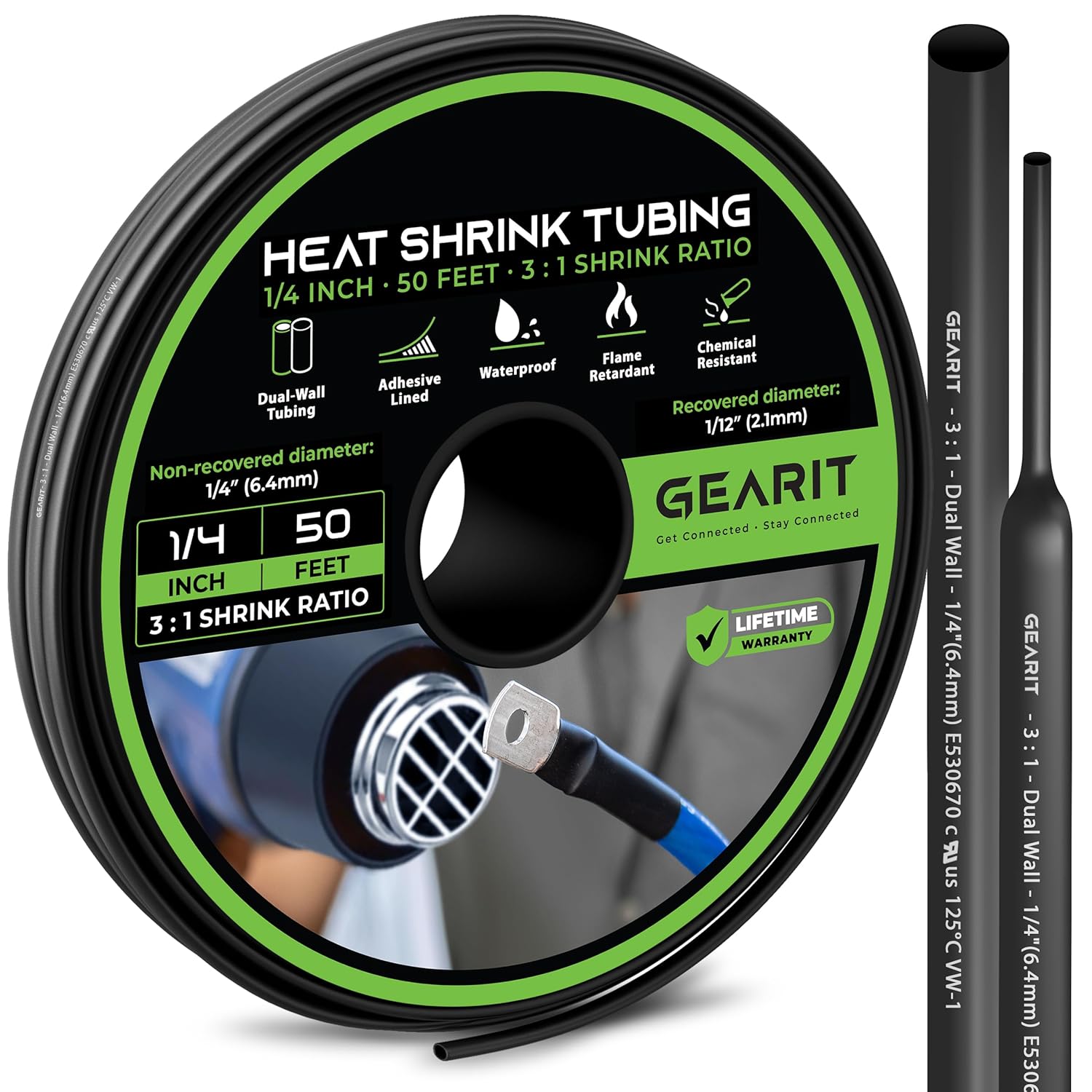 GEARit 1/4 inch Heat Shrink Tubing - 3:1 Ratio Adhesive Lined, Marine-Grade Waterproof Industrial Shrink Wrap, Dual-Wall Tubing, UL Approved - 50FT Roll - Black