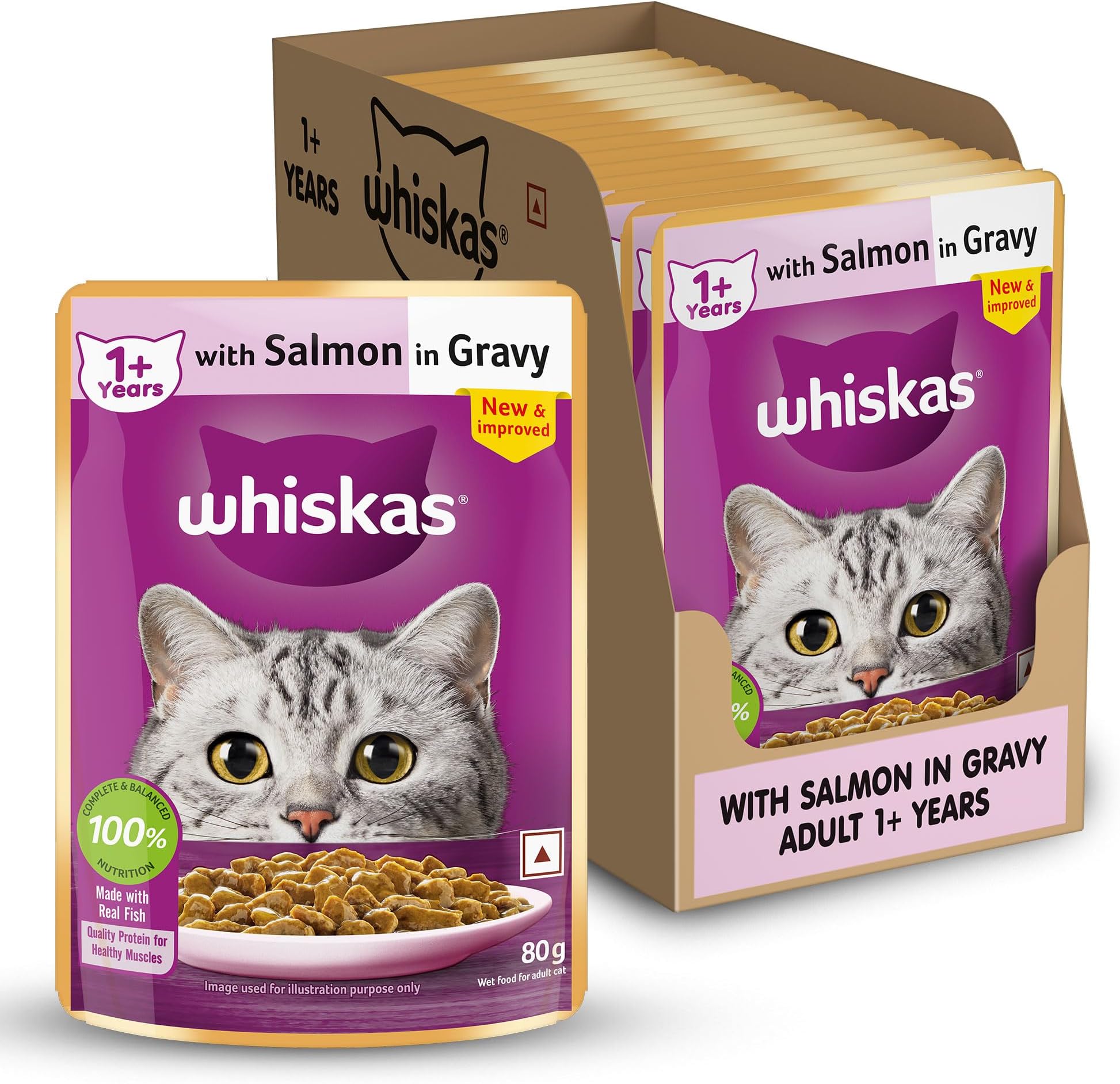 Whiskas Adult (1+ Years) Wet Cat Food, Salmon in Gravy, 80 g (Pack of 14), Hydrating Food Made With Real Fish, 100% Complete & Balanced Nutrition for Adult Cats