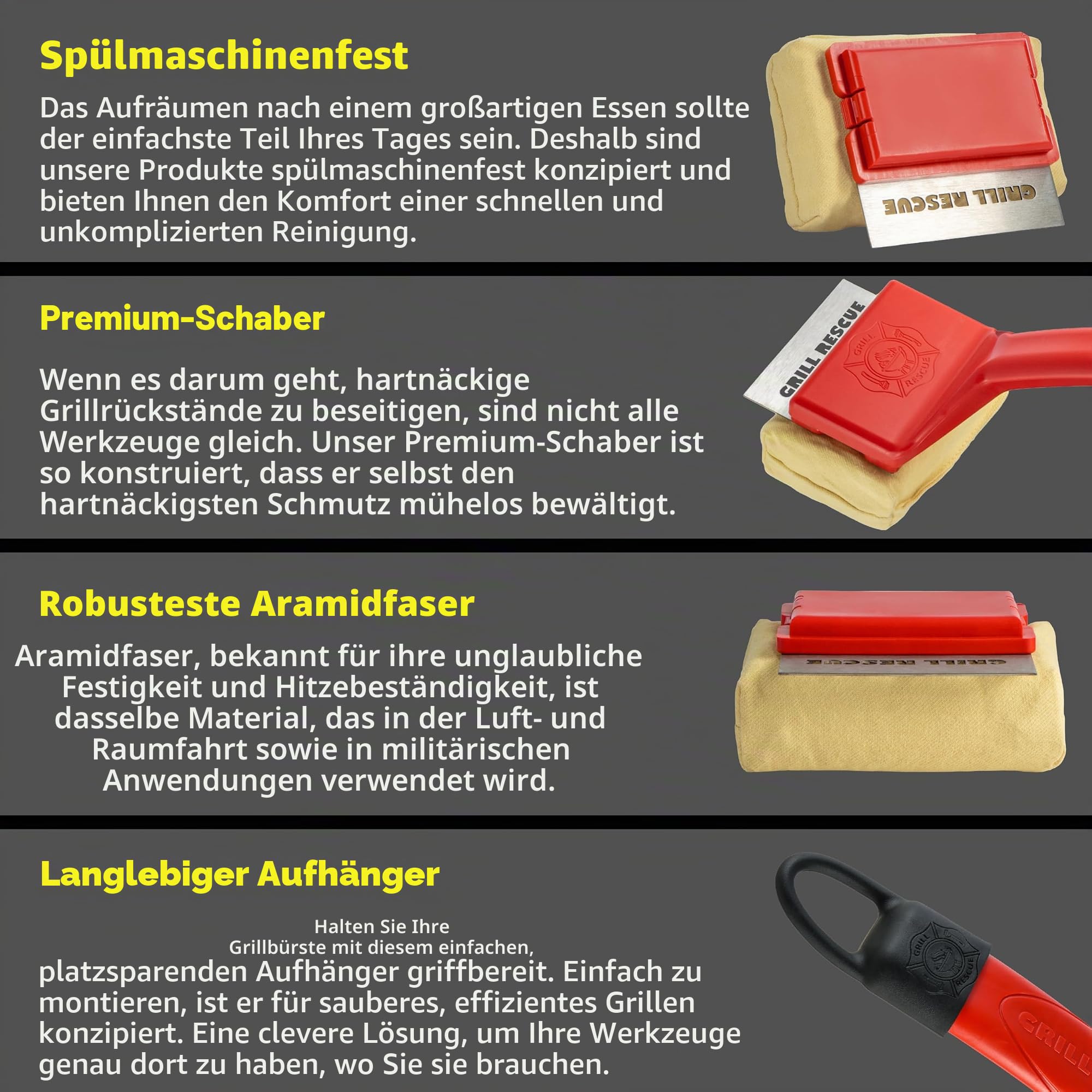 Grillbürste borstenfrei - Sichere BBQ Grillbürste für Gas-, Holzkohle-, Gusseisen- & Edelstahlroste - Langlebige, hitzebeständige Grillreinigungsbürste mit austauschbarem Kopf & Aufhängehaken