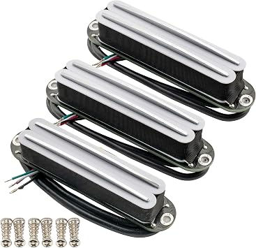 Musiclily Pro ST-DPHC Ceramic Dual Single Coil Sized Humbucker Super Distortion Neck Middle Bridge Pickups Set for Strat Style Electric Guitar, White Body Chrome Rail