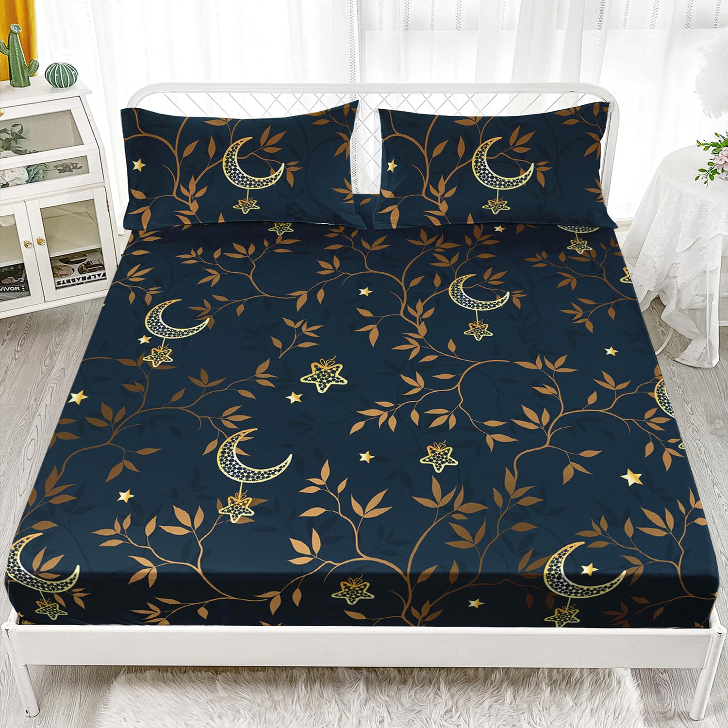 AILONEN Moon Fitted Sheet Queen Size - Gold Crescent Moon Bed Sheet 3 Pieces Set - Branch Leaves Bedding Set for Boys Girls Adults - Breathable & Soft Fitted Sheet and 2 Pillowcases