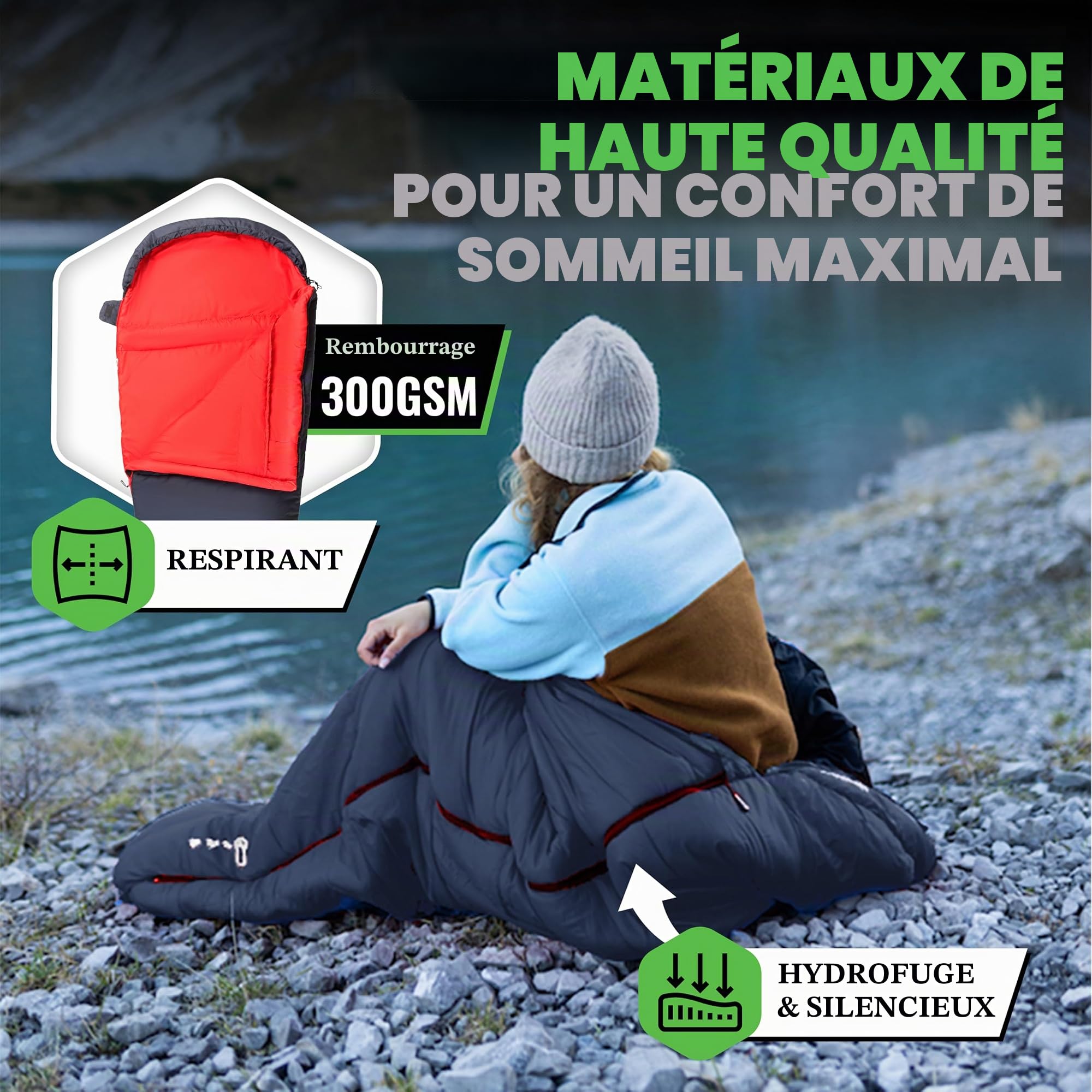 MOUNTREX® Sac de couchage, petit encombrement et ultra léger (760 g/1500 g) – Sac de couchage d'été pour l'extérieur (100 g/m²)/3 à 4 saisons (300 g/m²), sac de couchage sarcophage – Camping, voyage,