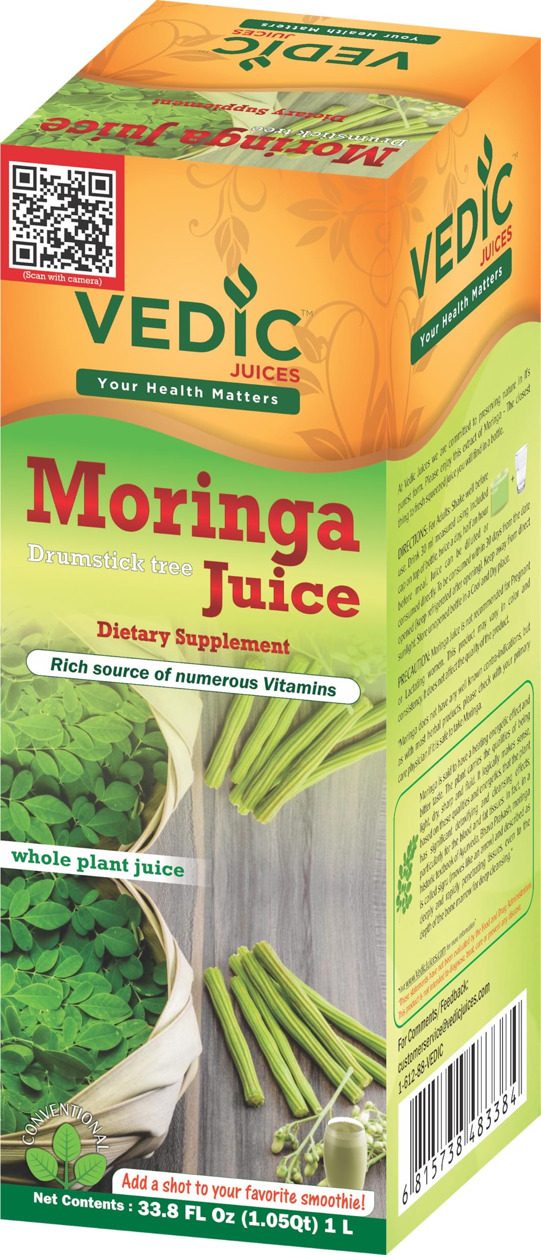 Vedic Moringa Juice Energy Plus - Multivitamin and Antioxidant Drink - Natural Leaf Plant Protein - 33.8oz, Ideal for Daily Use