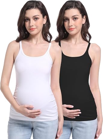 V VOCNI Maternity Tank Top for Women Spaghetti Strap Scoop Neck Fitting Pregnancy Camisole Sleeveless Layering Cami Shirts