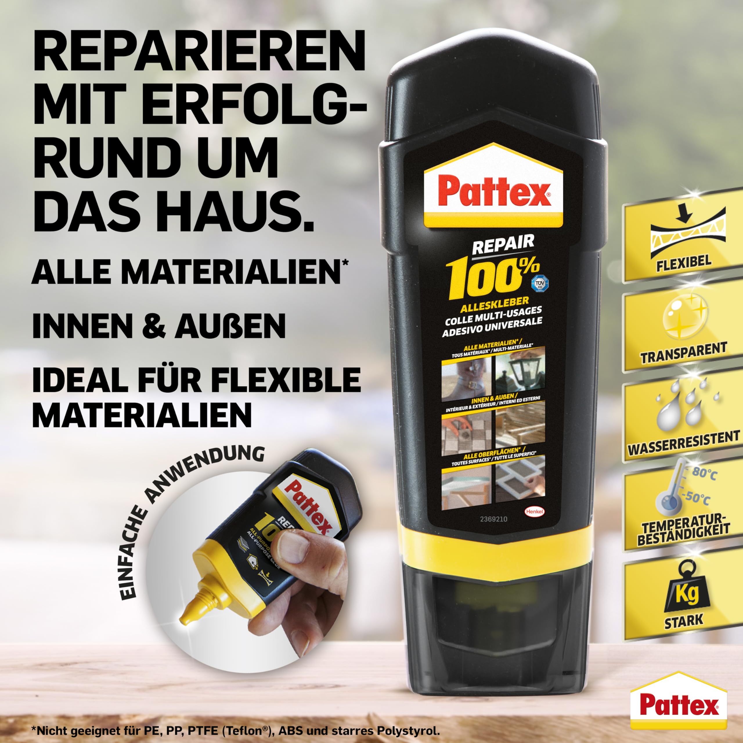 Pattex Riparazione 100% colla forte per interni ed esterni, colla per riparazione vari materiali, 6 x 100 g, trasparente, 6 pezzi