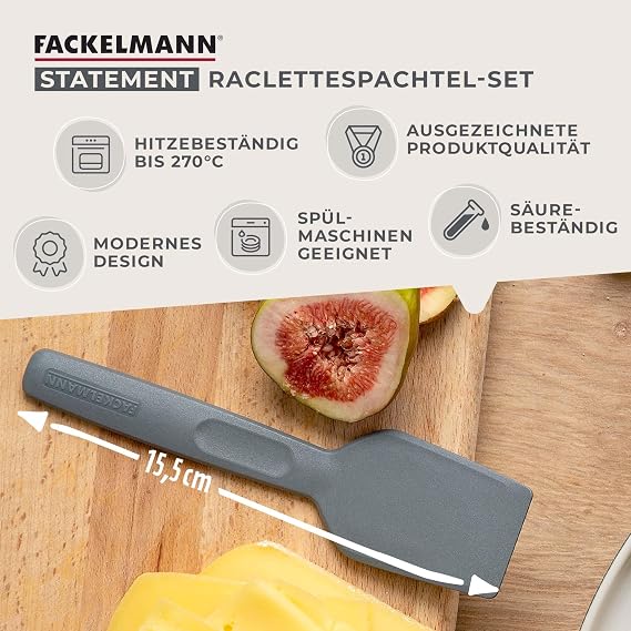 flackelmann statement spatula for raclette set of 4 - scraper with ergonomic handle and thumb recess - raclette slider in practical pack of 4 - approx. 15.5 x 4 x 1 cm gray