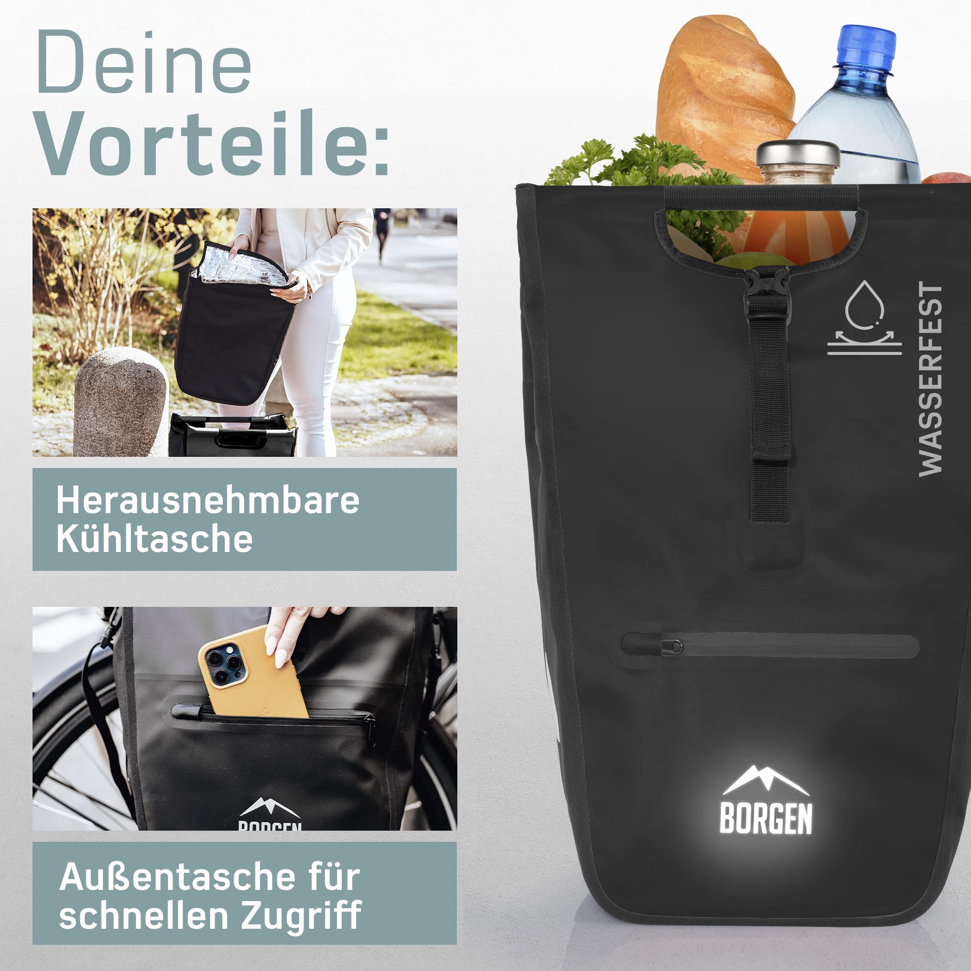 Borgen Fahrrad Einkaufstasche für Gepäckträger mit herausnehmbaren Kühleinsatz - Verwendbar als Gepäckträgertasche, Fahrradtasche, Tragetasche 23 Liter