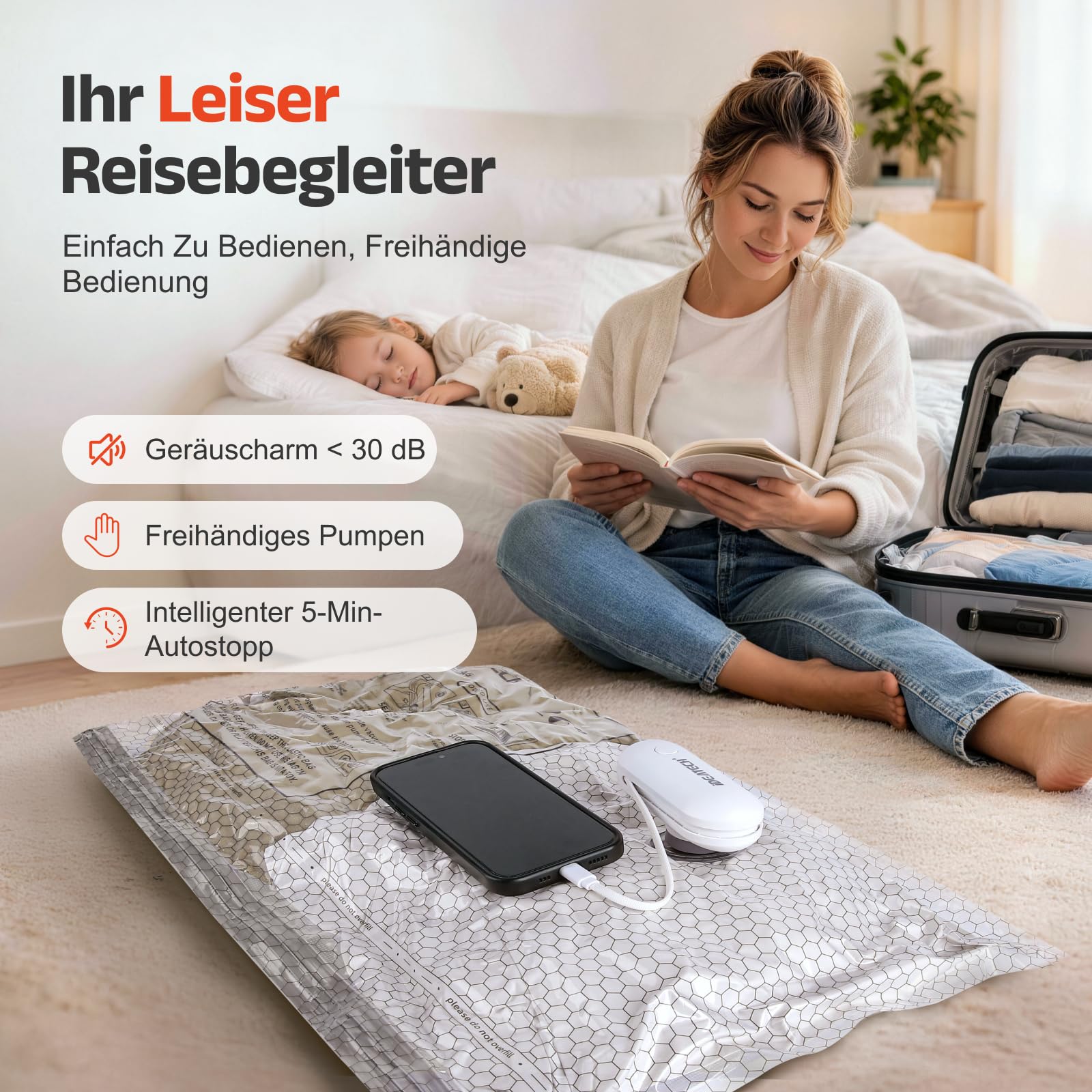 IDEATECH Vakuumbeutel 15 Stück (5S 50x40cm + 5M 60x40cm + 5L 60x50cm) mit Elektrische USB-Pumpe Kompressionsbeutel Wiederverwendbar Luftdicht für Kleidung Bettdecken