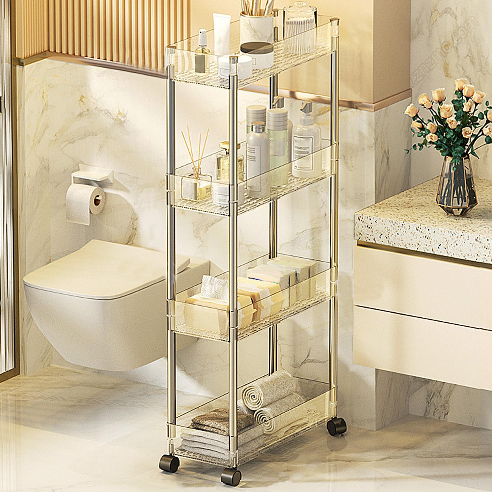 Carrello portaoggetti sottile – Scaffale mobile multiuso a 2 – 4 ripiani, espositore trasparente 35,1 x 13 x 85,9 cm (lunghezza x larghezza x altezza), perfetto per casa, ufficio, cucina
