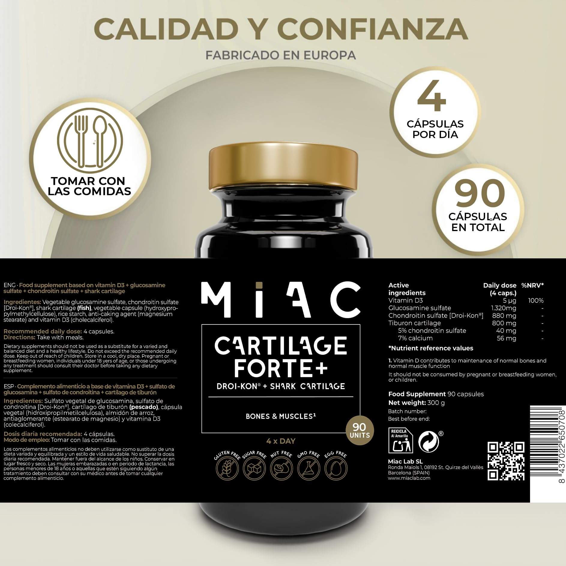 MIAC Glucosamina Condroitina | Glucosamina 1320 mg | Condroitina 880 mg | Con Vitamina D3 | 90 Cápsulas | Refuerza Cartílagos, Articulaciones y Huesos | Sin Gluten