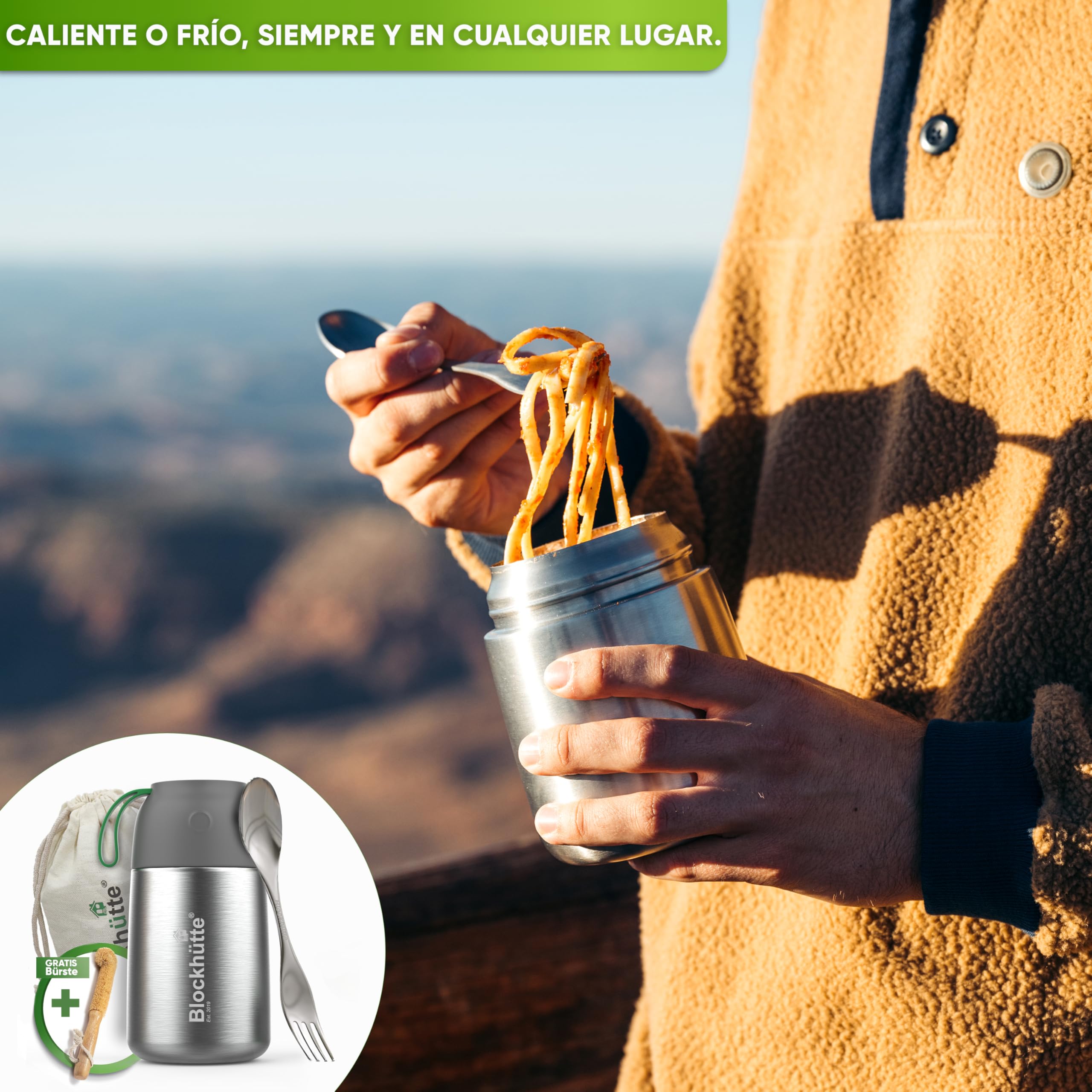 Blockhütte Termo Comida Caliente de acero inox I 1L I Con Cepillo y Cuchara - Termo para Comida Caliente até 14 h - Fiambrera Termica para adultos y niños - Recipientes Termicos