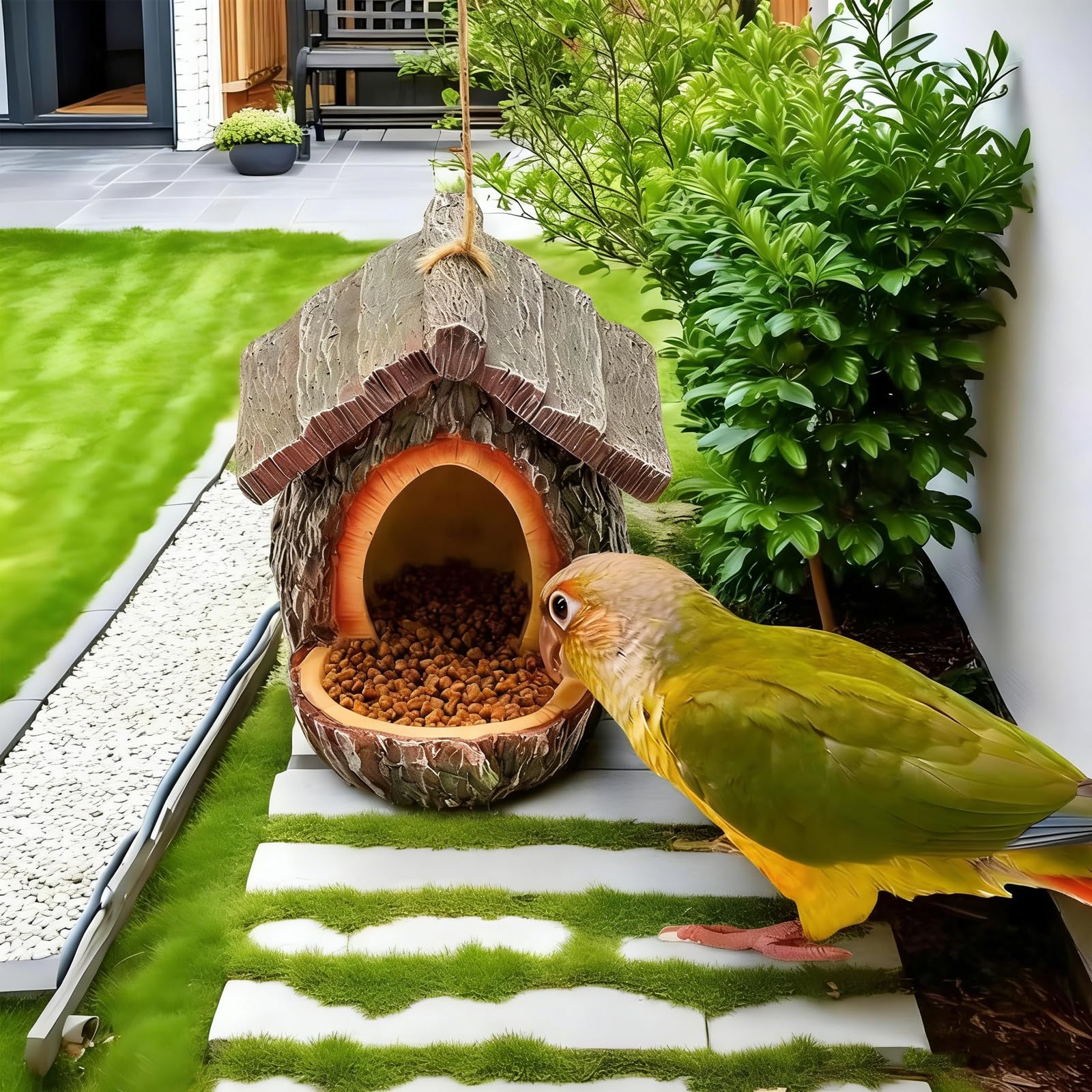 Comedero de pájaros con forma de cabaña de árbol vintage, comederos para pájaros para exteriores, escultura montada en árbol de resina impermeable, diseño abierto, casa de pájaros con bandeja de
