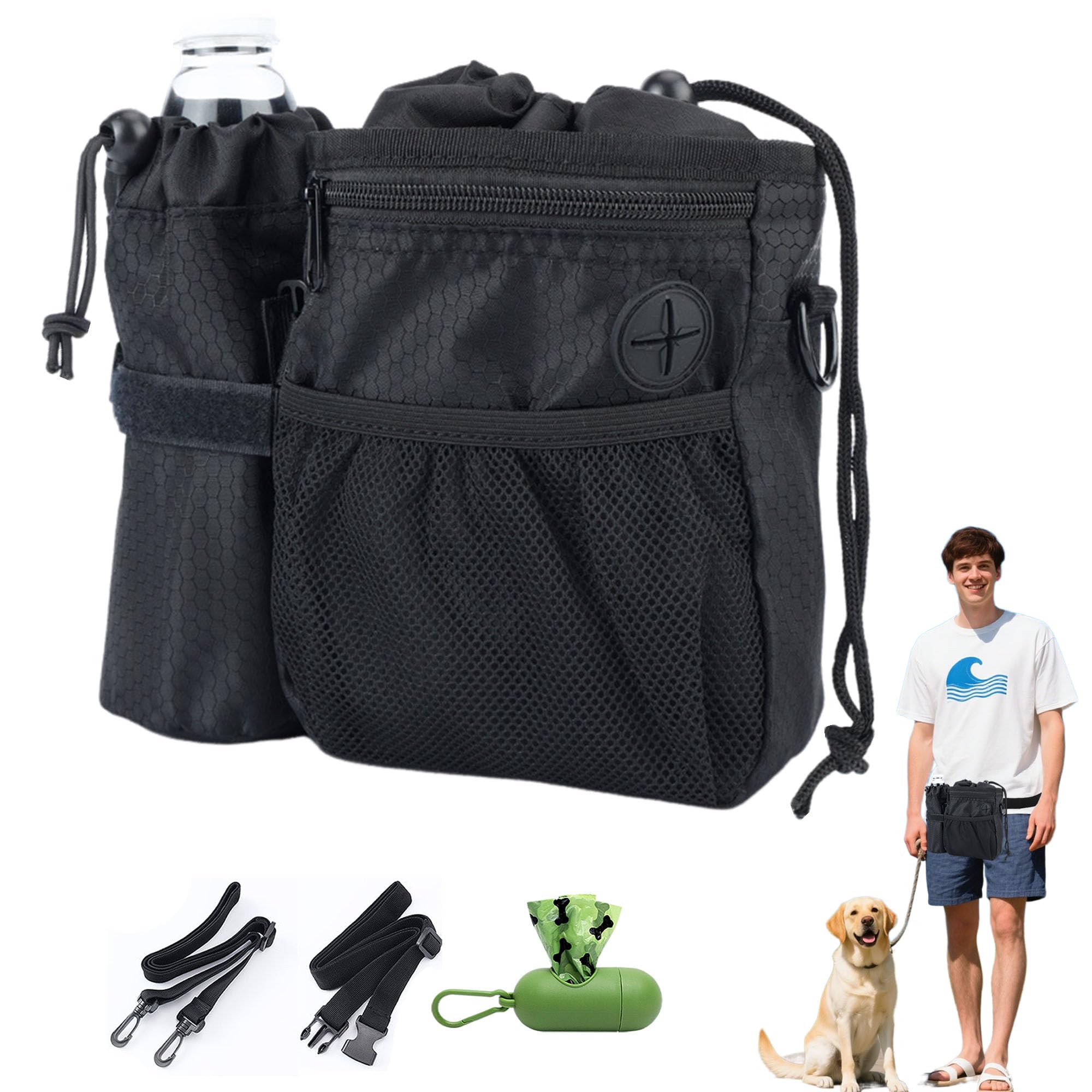 Bolsa Bocadillos para Pasear Perros al Aire Libre, Impermeable Bolsa Agua Extraíble, Bolsa de Golosinas para Perros Portátil, 3 Métodos Uso, 1 Rollo Bolsa Basura y 1 dispensador Bolsa Inodoros