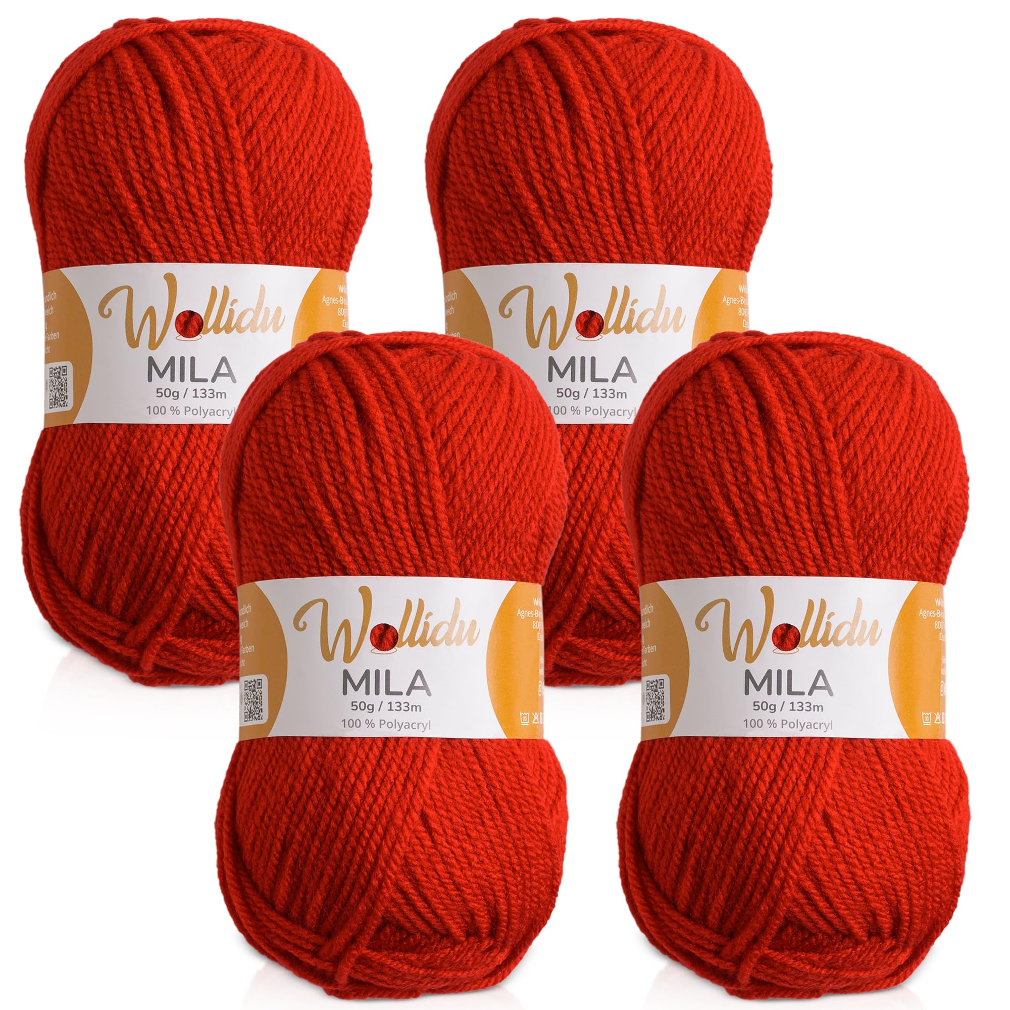 Wollidu Mila Garn zum Häkeln und Stricken 4 x 50g/133m Strickgarn 100% Polyacryl Häkelgarn Feuer Rot
