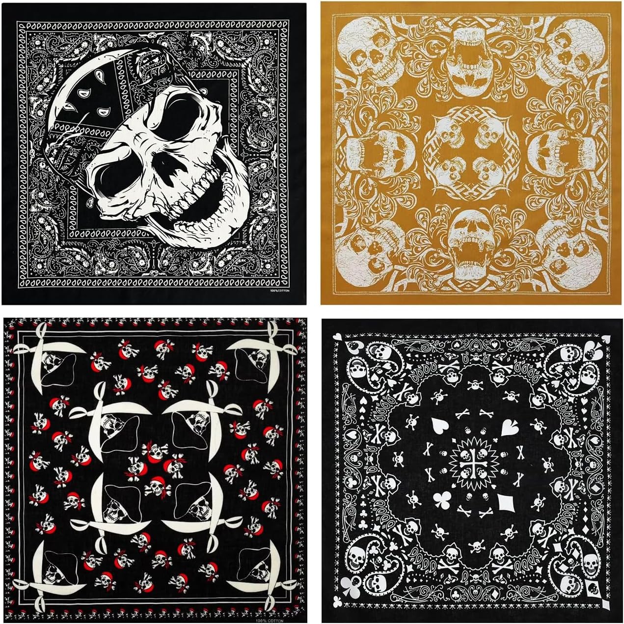 Bycc Bynn 4-Pack 100% Cotton Bandana Set, Vintage Graphic Print, 22x22 inches