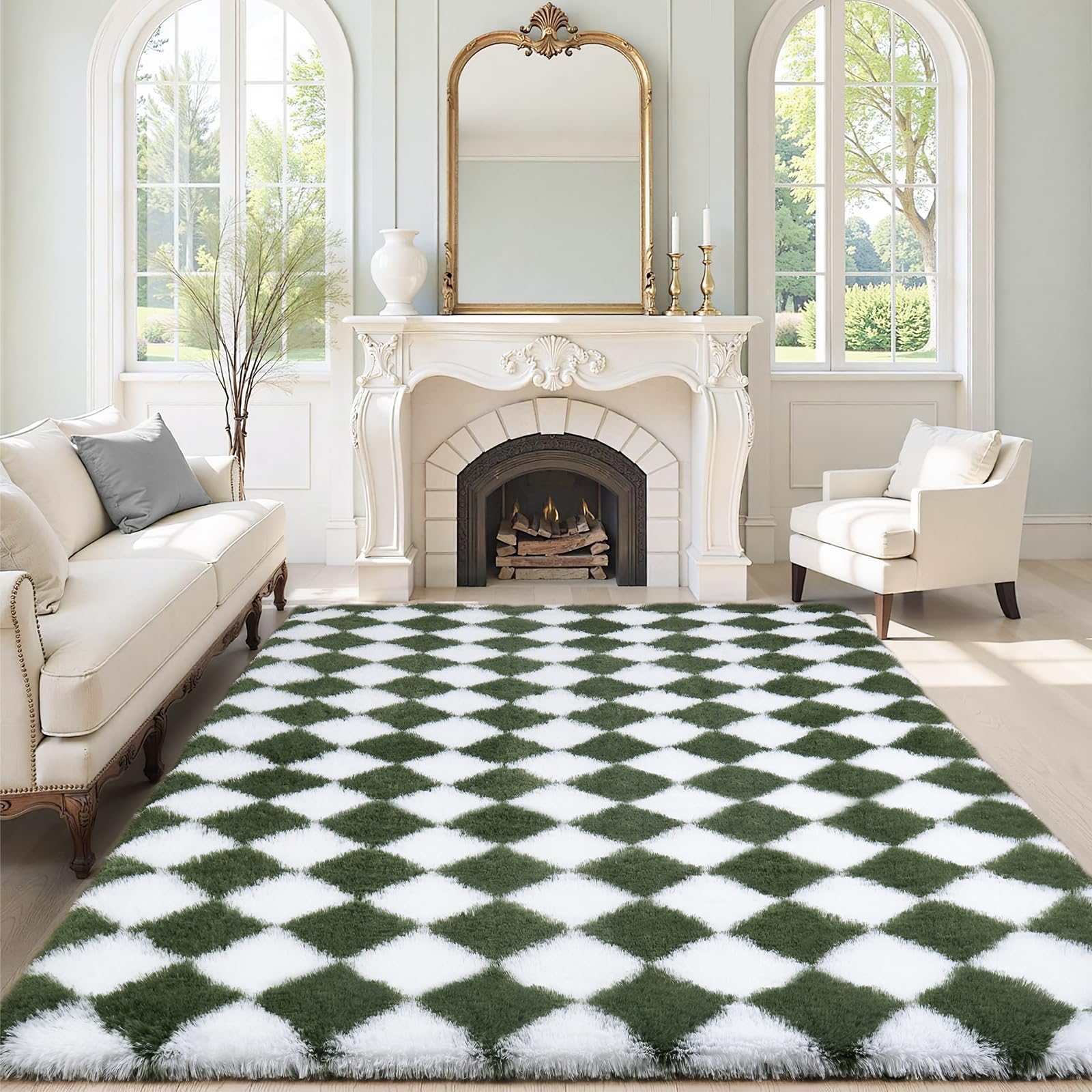 FVVRAX Checkered Shaggy Rugs for Bedroom, 140x200cm Olive Green and White Plush Thick Rugs for Living Room, Fluffy Low Shedding Modern Home Decor Floor Carpet, Non-Slip — image 1
