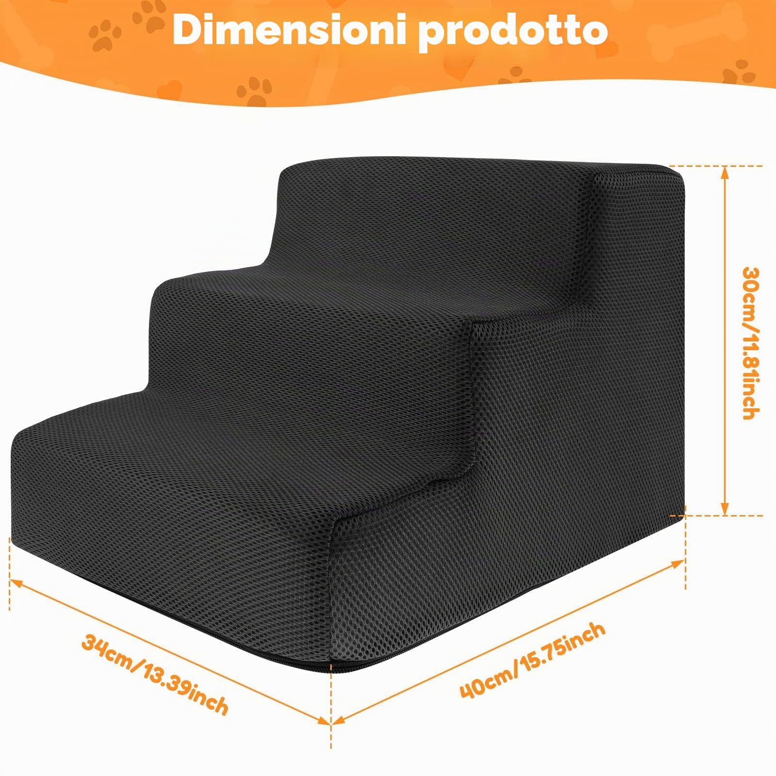 NIHUIFDPY, Gradini per Cani per Letto 34x40x30cm, Scalini per Cani a 3 Gradini in Schiuma ad Alta Densità con Copertura Staccabile e Fondo Antiscivolo, Scale per Animali Domestici Lavabili per Divano