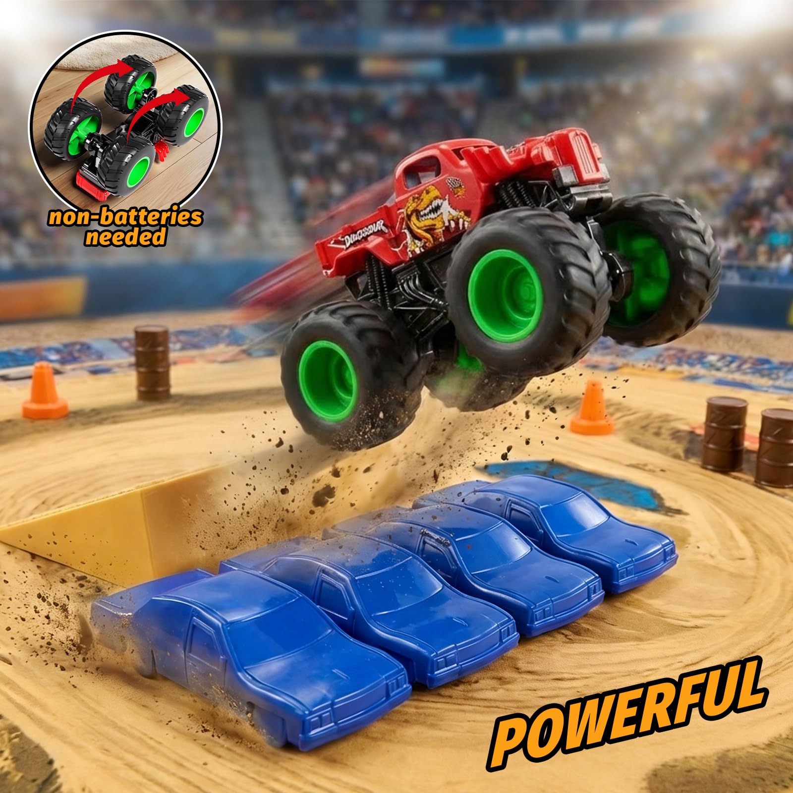 Monster Truck - Set da 27 pezzi con tappetino da gioco, mini camion giocattolo in scala 1:64 con carrozzerie intercambiabili, rampe e barili, gioco da corsa fai da te, regalo di compleanno