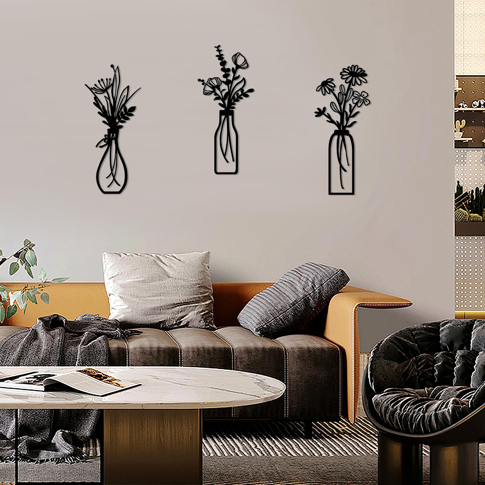 Set Decorazione Murale In Metallo E Legno YIYA | Vasi Con Fiori Neri Stile Rustico, 2 Pezzi, Minimalista, Per Soggiorno E Camera