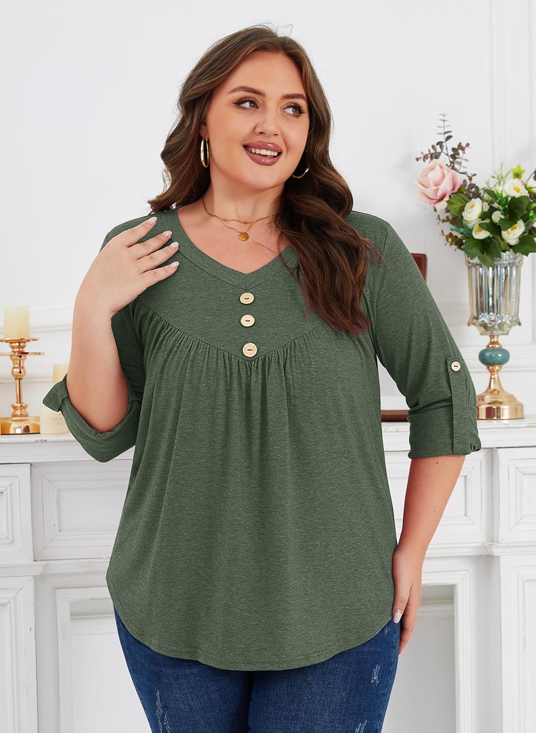 Siddhe Plus Size Tops 3/4 Sleeve Tunic Plus Size Fall Fashion for Women V Neck Casual Loose Tunic Blouse Dressy Casual Winter Fall Thermal Loose Lounge Fashion Tops with Leggings (Army Green,5XL) - Image 3