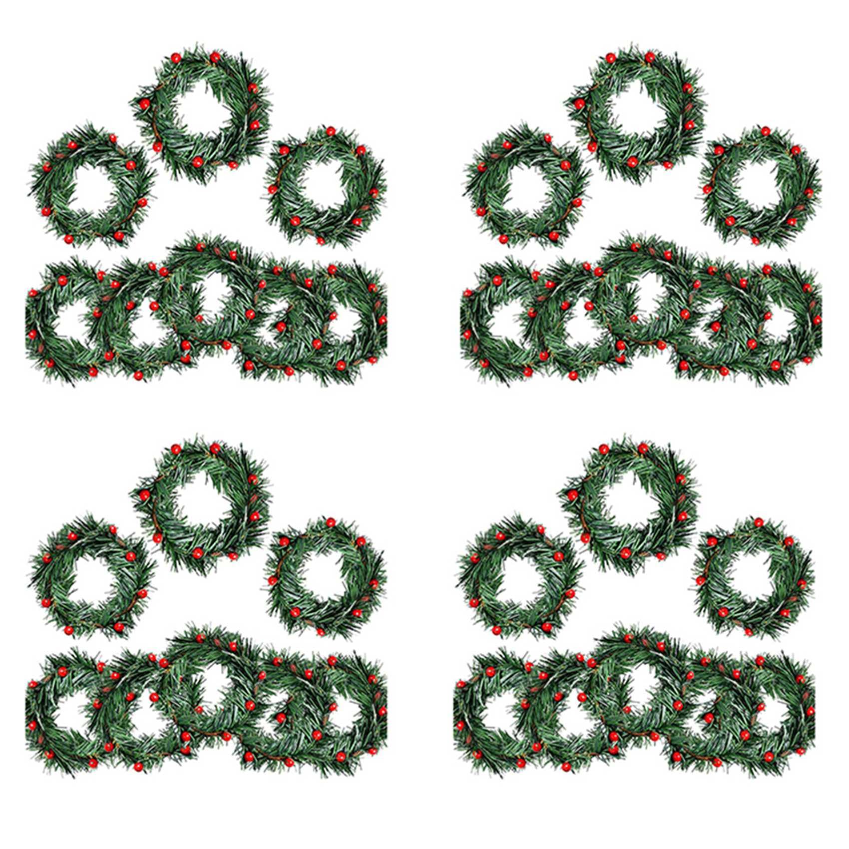 Vjsujehgy 32 PCS Holly Berry Candle Ring Small Artificial Red Berries Pine Needles Wreath for Christmas Garland Ornaments Decor