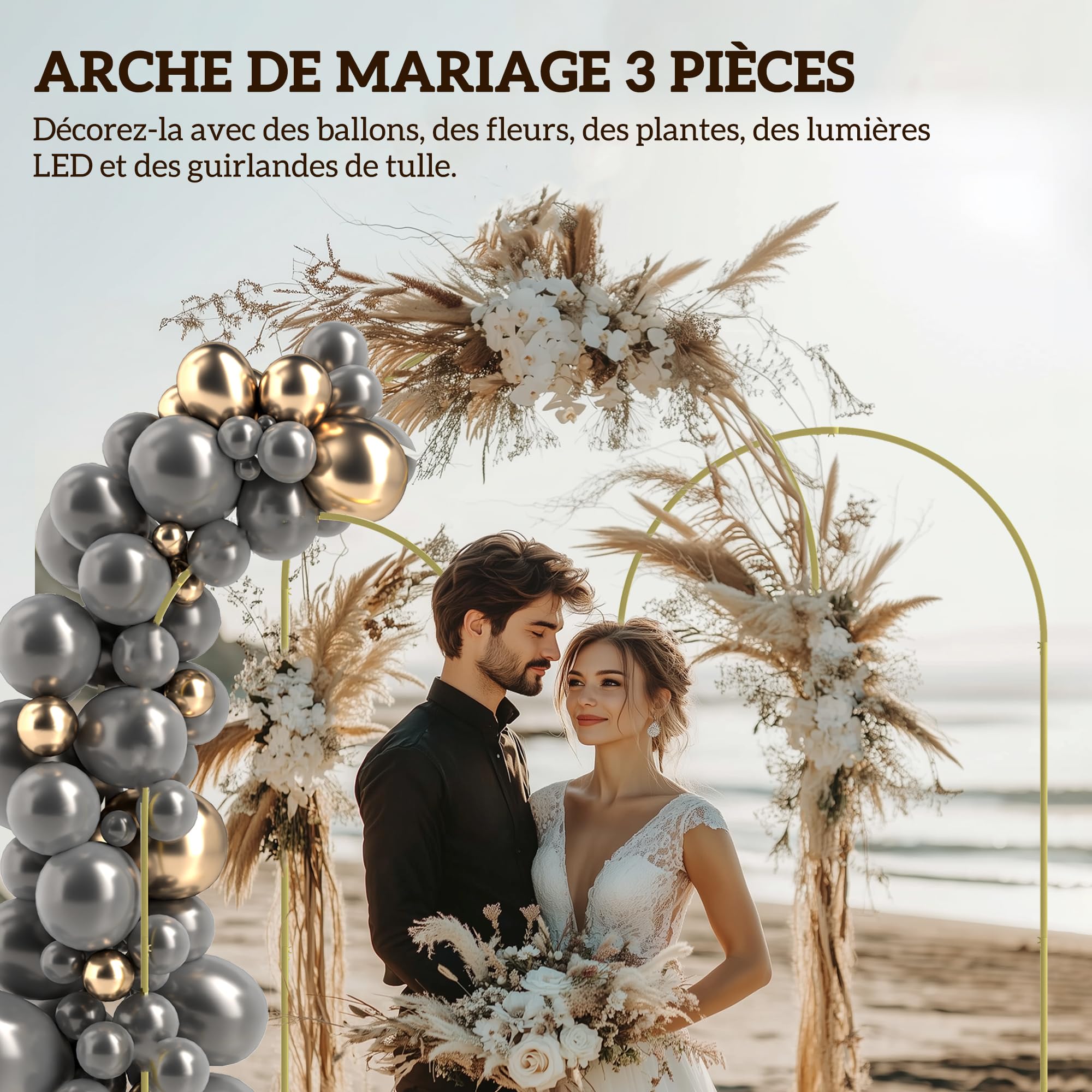 Outsunny Lot de 3 Supports d'arche de Fond en métal doré pour Mariage, 2,2 m, 2 m, 1,8 m, Arche de Jardin, Mariage, fête d'anniversaire, fête prénatale, Arche de Ballons Floraux