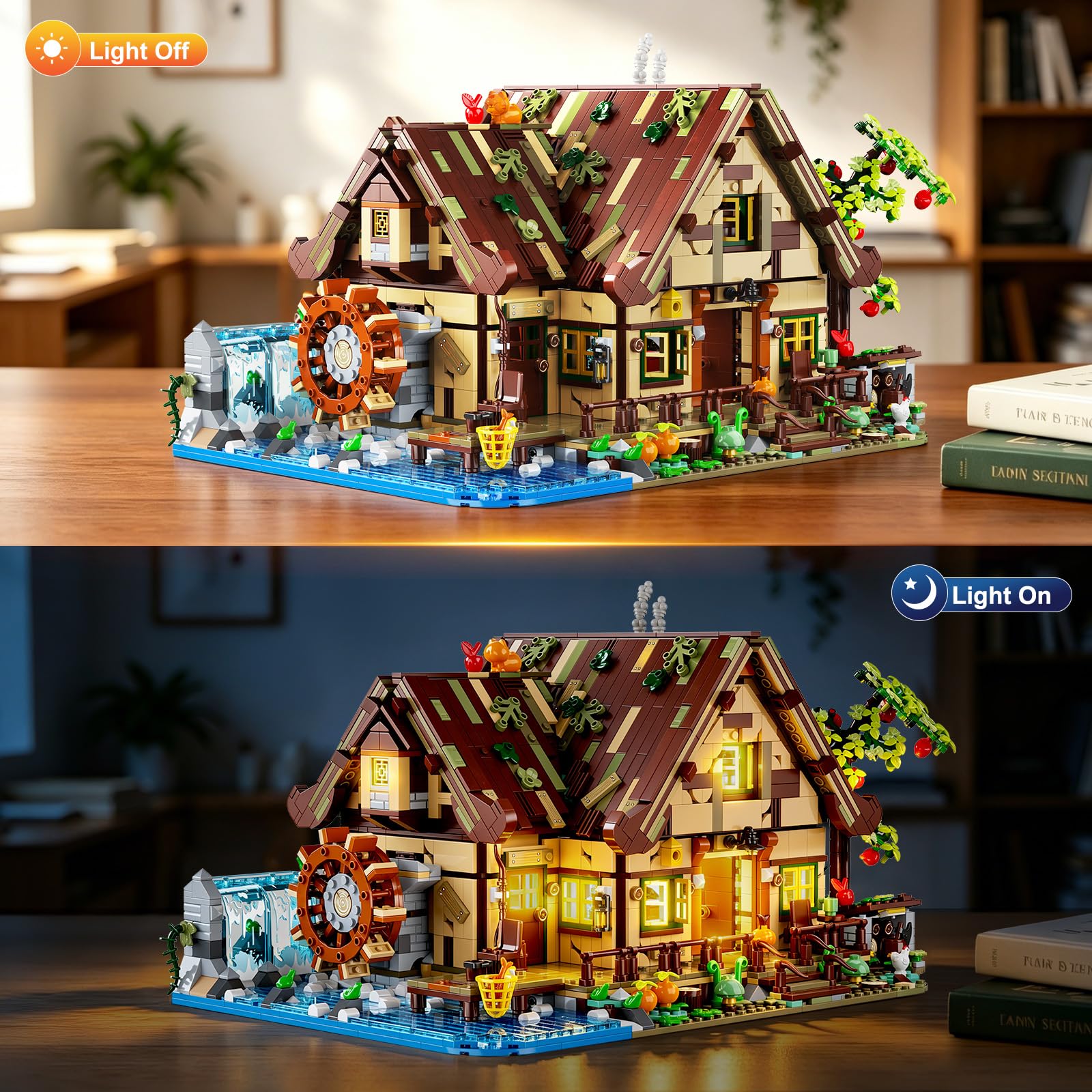 INSOON Jeu de Construction Maison en Bois avec lumières Adultes | Mini briques de construction, chalet forestier avec animaux, modèle décoratif pour maison et bureau, cadeau femmes hommes
