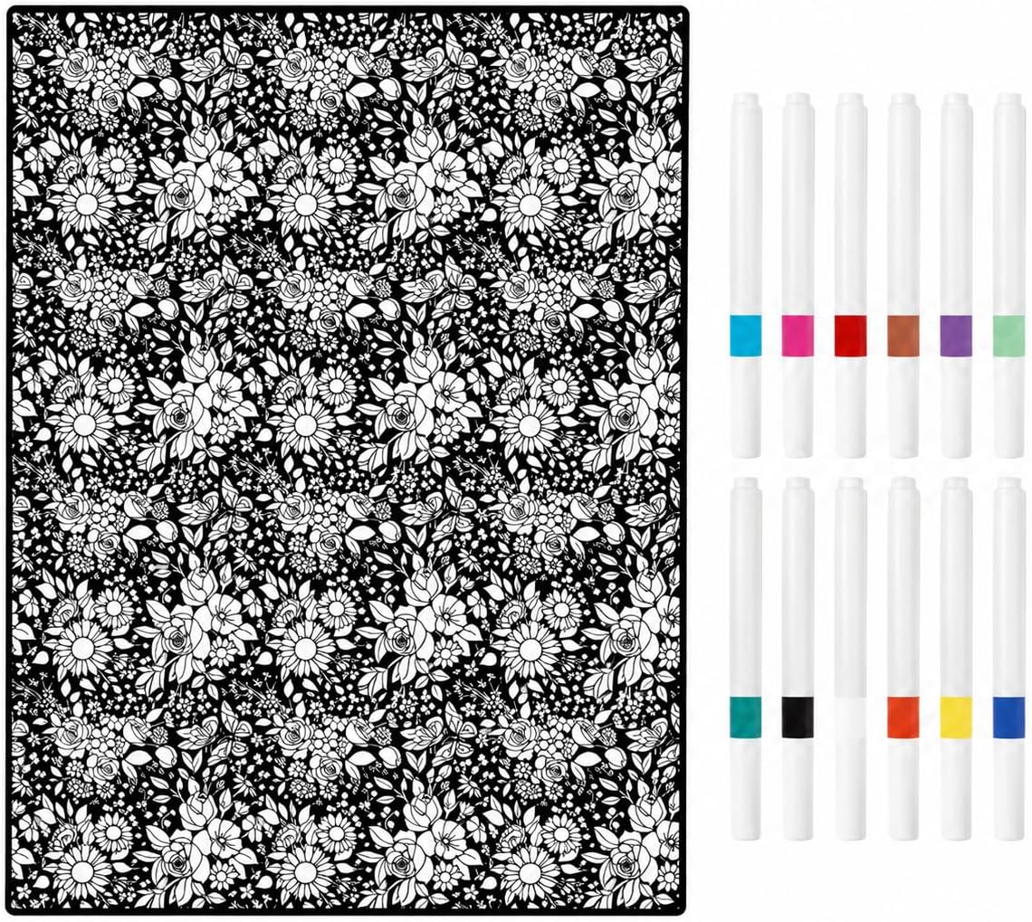 DIY Cozy Doodle Coloring Blanket for Adults, 50 x 60 Inch Flower Double Sided Velvet Blanket, Comes with 12 Markers, Machine Washable Color in Blanket for Daily Use & Home Decor