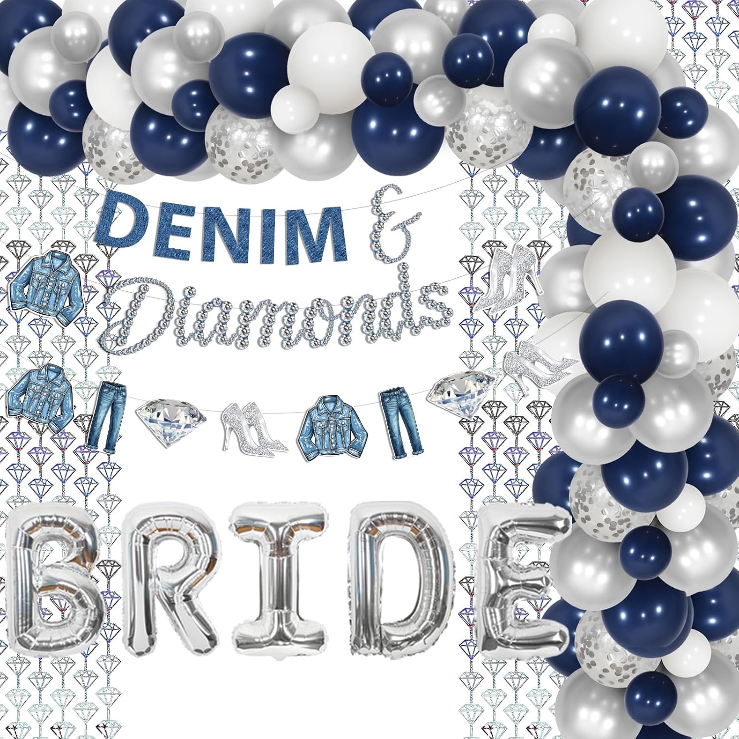 Denim and Diamond Bachelorette Party Decoration, Denim and Diamond Theme Banner Garland Fringe Curtain Balloon Garland Arch Kit for Bridal Shower Wedding Engagement Proposal Decoration