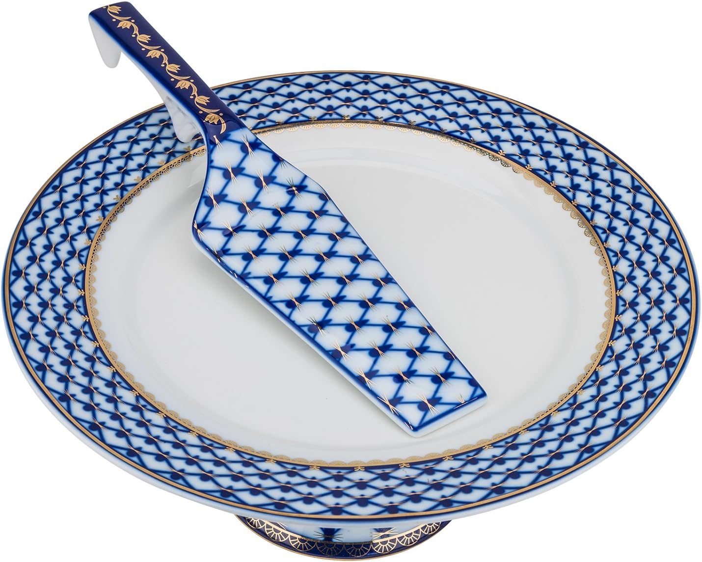"Cobalt Net" Cake Stand with Serving Spatula, Vintage Blue Pattern Cake Platter with Pie Server, 2-Piece Set