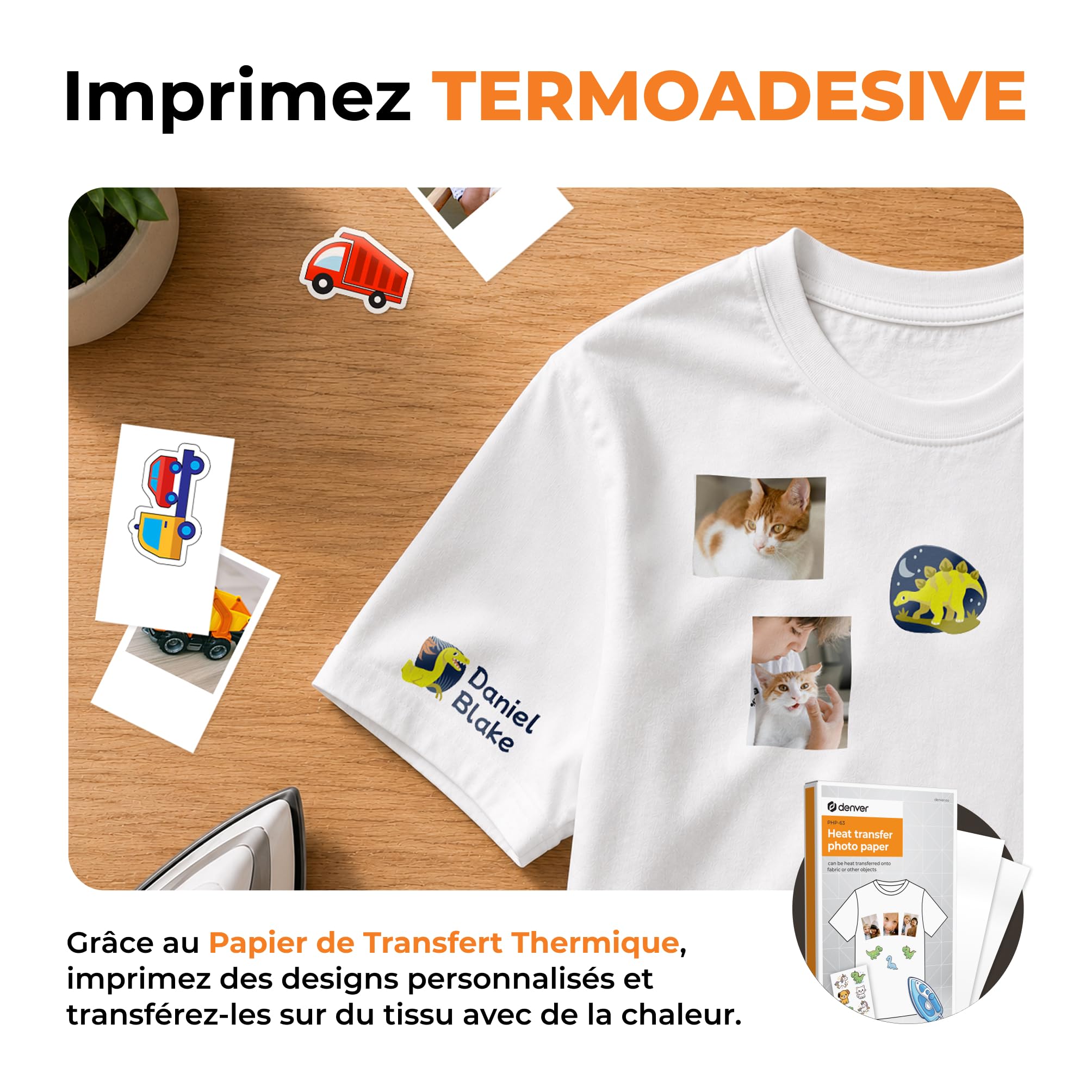 Denver MCP-6010 Mini imprimante photo pour smartphone, imprimante couleur mobile avec Bluetooth 5.2, 600 DPI, iOS et Android, imprimante photo portable avec batterie, incl. cartouche et lot de 20