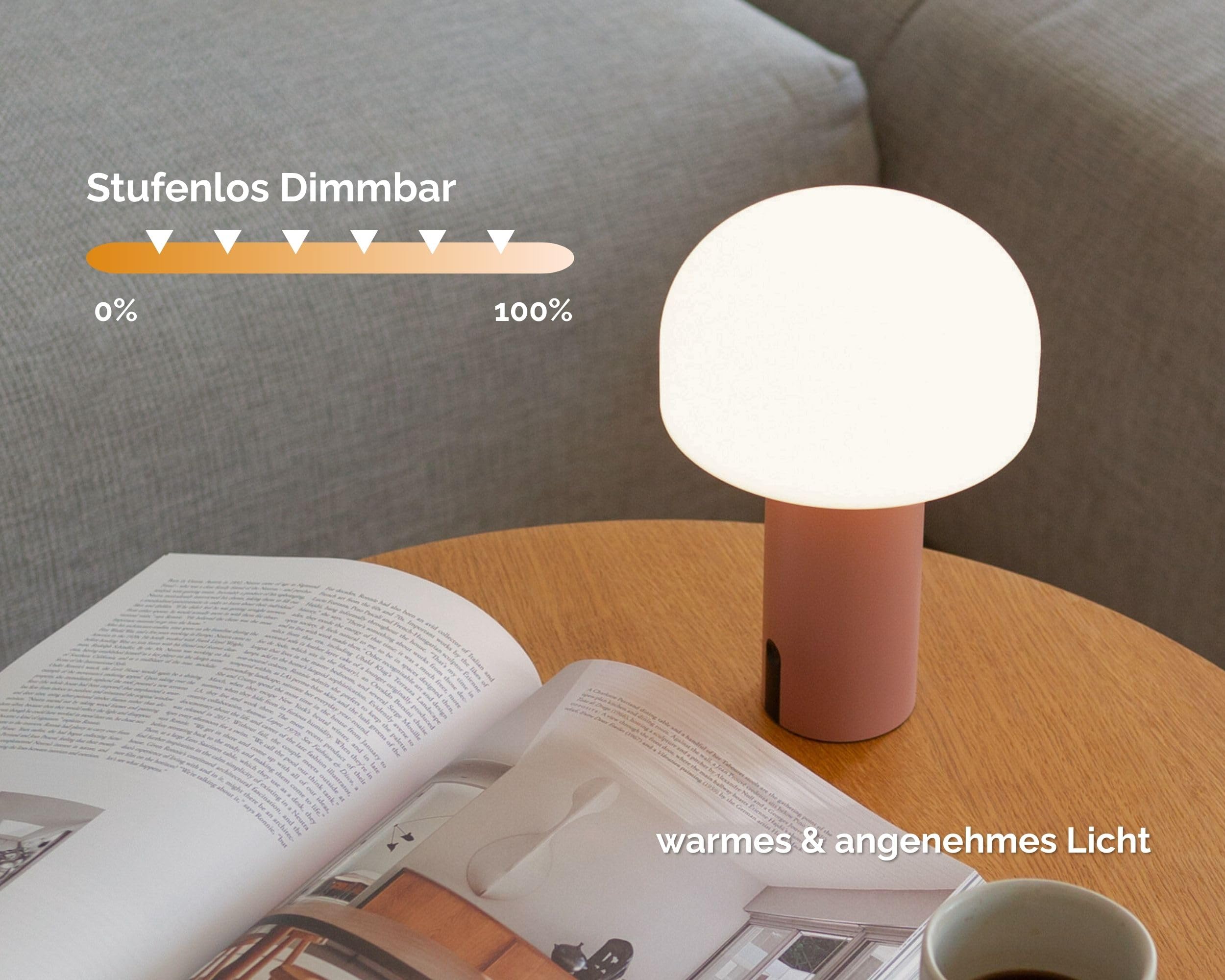 LUUK Studio LED Tischlampe in Pilzform, kabellos mit Akku, dimmbar per Touch, IP44 spritzwassergeschützt für Garten, Terrasse & Balkon, lange Leuchtdauer, dekorative Design Leuchte, Matt Rosa