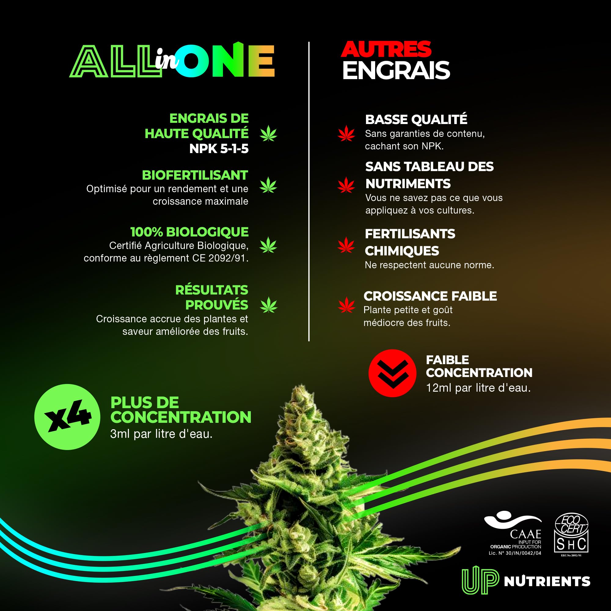 UP NUTRIENTS Fertiliser de cannabis pour intérieur et extérieur, ensemble NPK 5-1-5, pour plantes de cannabis, phase de croissance et de floraison, phase biologique Grow & Bloom