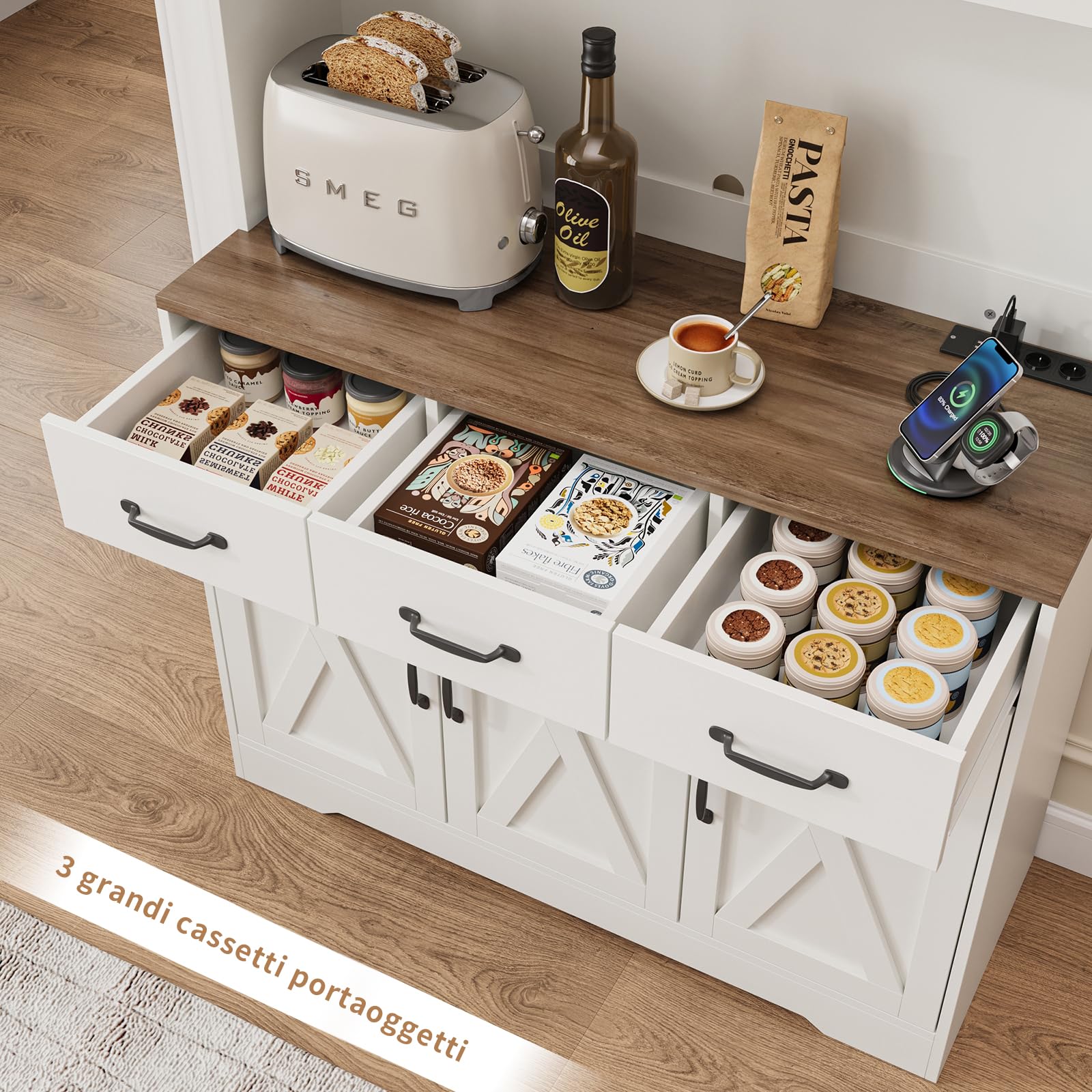 FUSOU Armadio da cucina con ciabatta multipresa, 180 cm, con piano di lavoro, 3 cassetti e 4 ante, armadietto alto da cucina in stile rustico, autoportante, per sala da pranzo, bianco