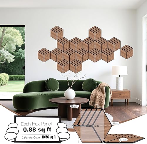 Miniatura 2 de Mollywell Paneles acústicos hexagonales, nogal S4, 14 x 12 x 0.4 pulgadas, paquete de 12 unidades  chapa de madera  Paneles de pared de alta