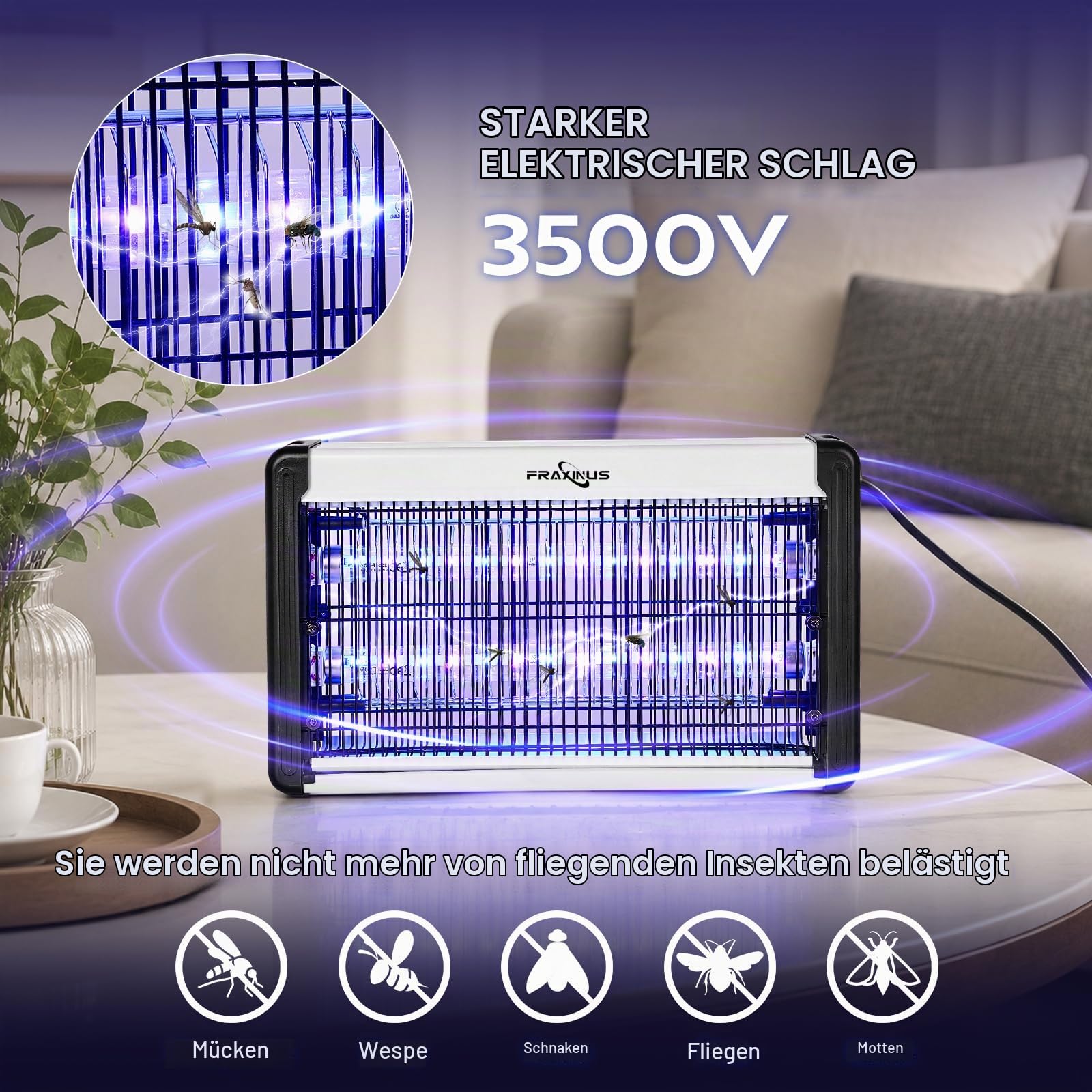 FRAXINUS Insektenvernichter Elektrisch, Fliegenfalle Innenbereich, Mückenfalle Innen, UV Mückenlampe, Energiesparende LED-Licht, Perfekt Gegen Fliegen Motten, Mücken. (Verbesserte mit 1,5m-Kabell)