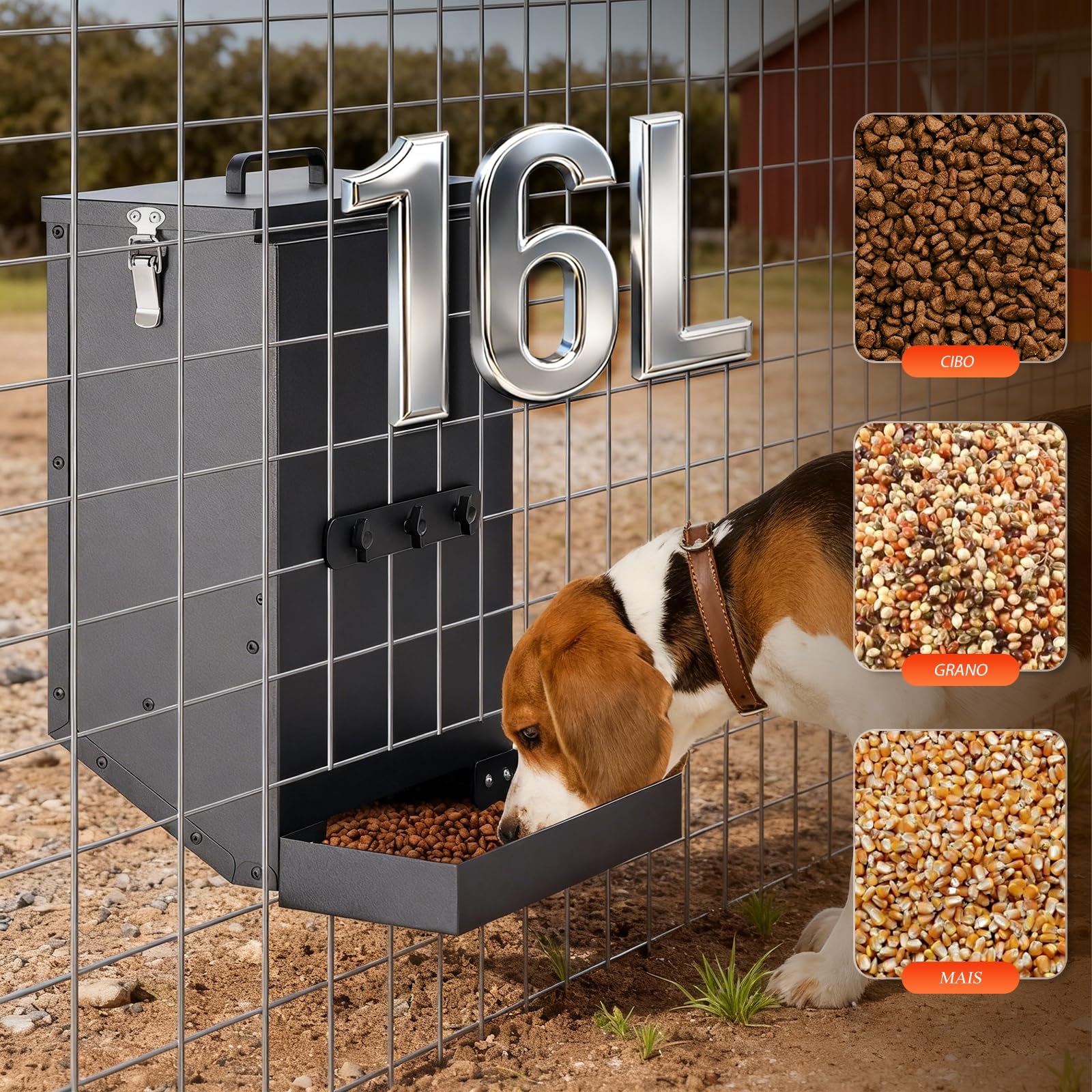 Distributore Automatico di Cibo per Cane in Acciaio Zincato a Sospensione, Distributore Automatico per Animali Domestici a Gravità per Esterno, Grande Capacità da 16 L per Gatti Canie Conigli
