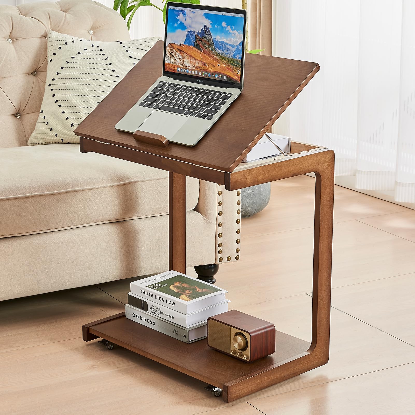 Uniclinens Couch Tables that Slide Under - Rolling Side Table C Shape, Wooden Slim Sofa Desk with Wheels, Small TV Tray for Laptop Multi-Purpose Living Room Bedroom, Walnut