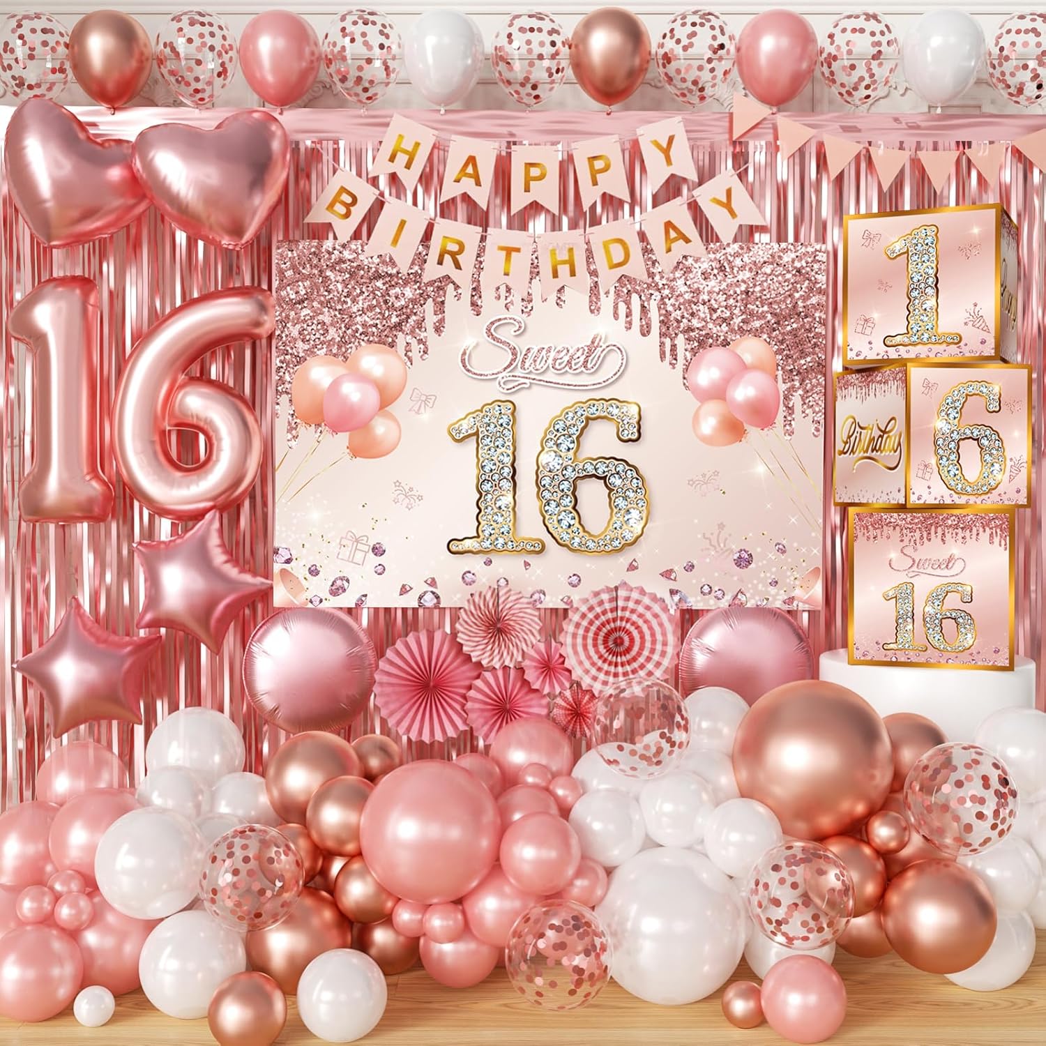 Sweet 16 Party Decorations Pink Rose Gold Sixteen Birthday Party Supplies with Backdrop Banner Foil Balloons Tassel Curtain Balloon Garland Kit and Sweet 16 Boxes for Girl 16th Sweet Party (Rose Gold)