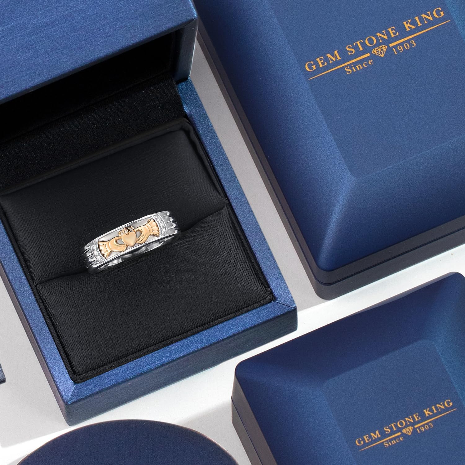 Gem Stone King White Lab Grown Diamond Irish Claddagh Ring | 925 Silver and 10K Yellow Gold | Friendship Love Marriage Celtic Lucky Jewelry Birthday Promise Ring | Available In Size 7-13