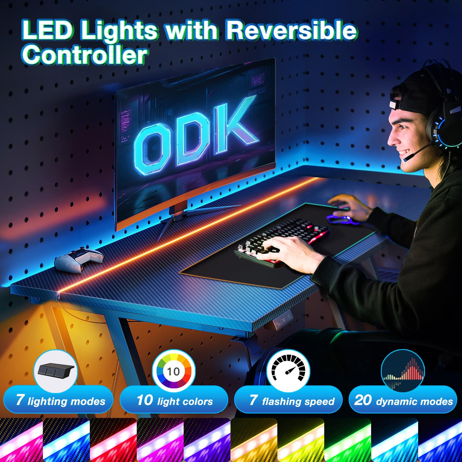 ODK Bureau de jeu avec lumières LED et prise de courant, table de jeu avec porte-gobelet et crochet pour écouteurs, double cadre en Z, bureau d'ordinateur en fibre de carbone, noir, 100 cm
