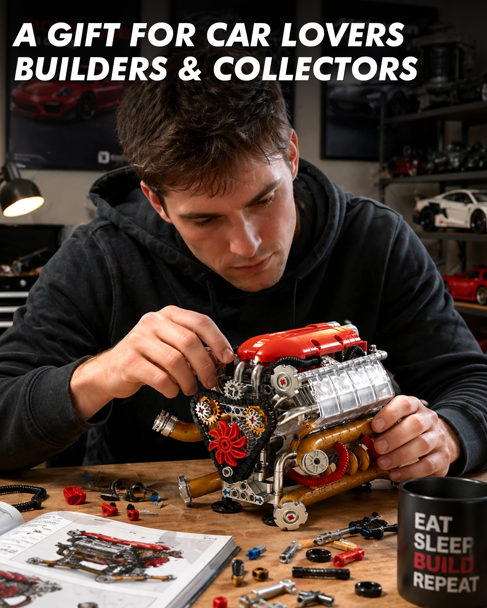 JSINMA V12 Kit de construction mécanique motorisé pour adultes avec pistons mobiles visibles, couvercle latéral transparent, cadeau pour les amateurs de voitures, 620 pièces