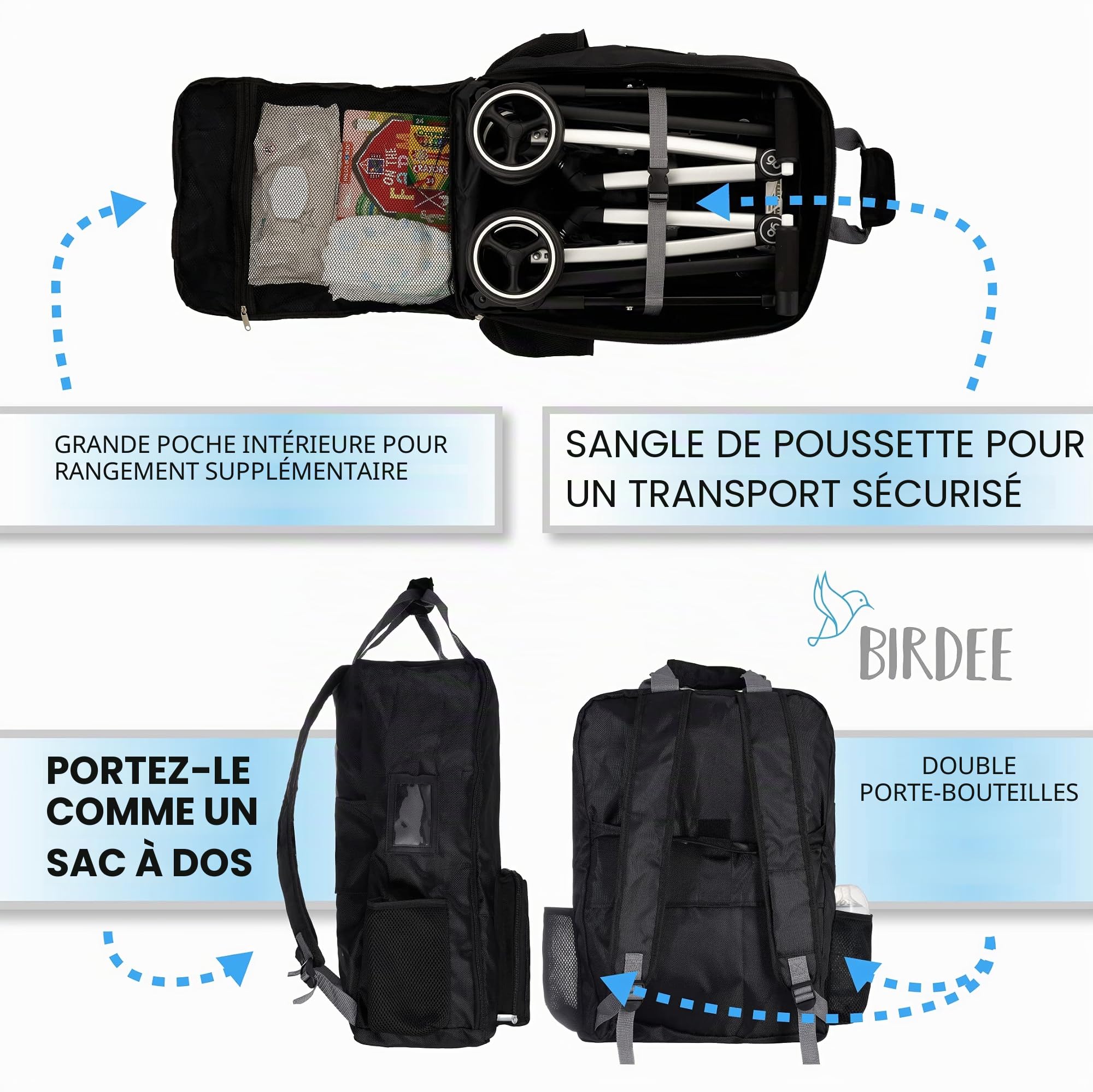 Birdee Sac de Voyage Pliable pour Poussette Compatible avec Toutes Les poussettes GB Pockit Sac à Dos Durable pour Voyage en Avion, Noir, Sac à Dos, Compatible, Voyage, Unique