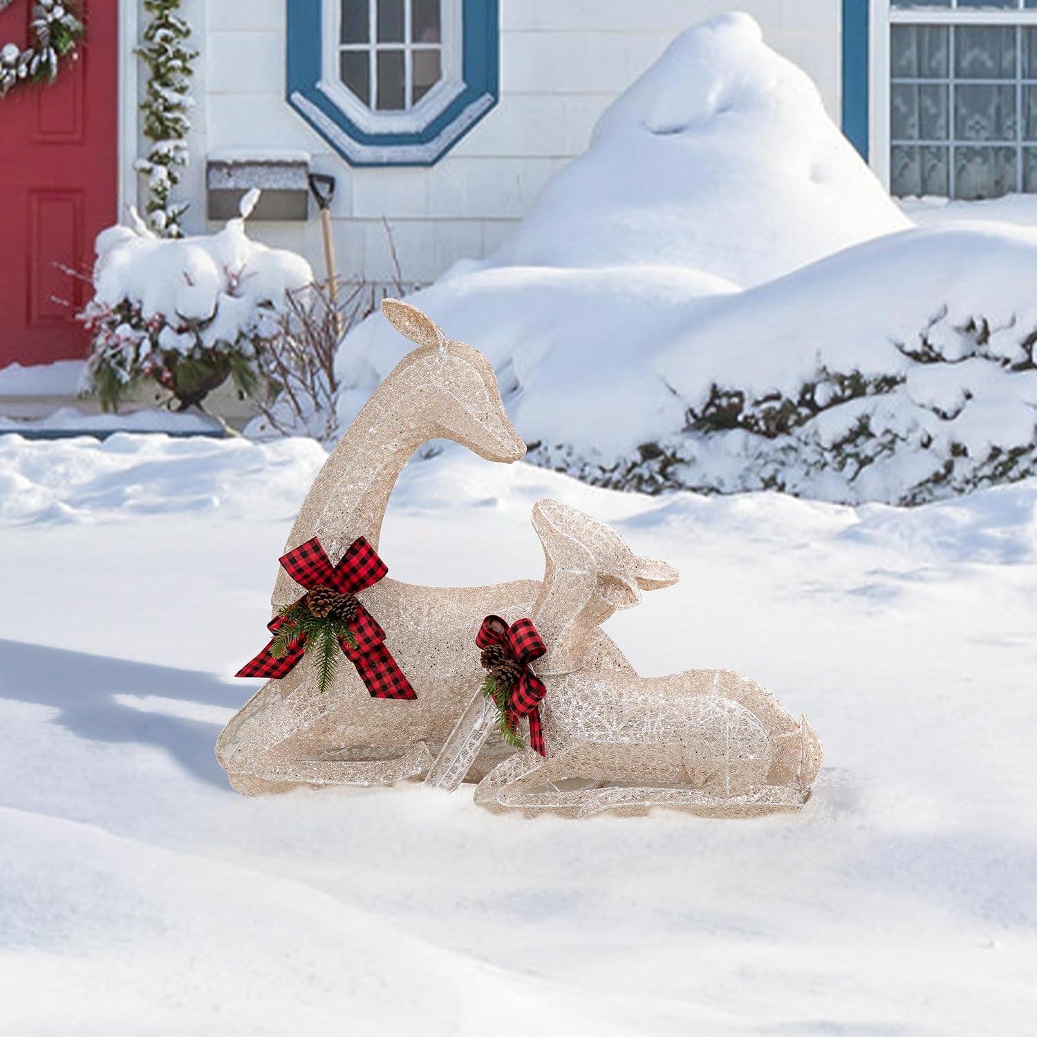 Sunjoy 2-Piece Lighted Lying Deer with Red Bows