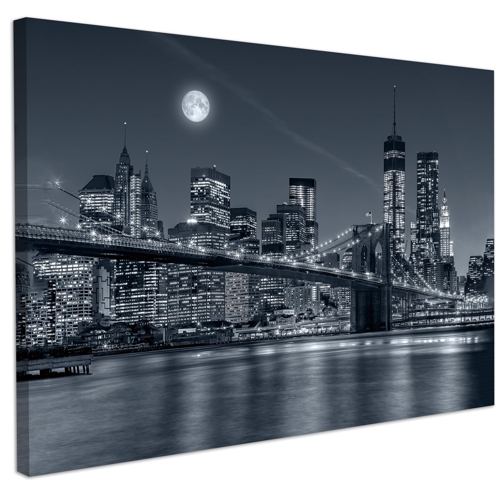CHDITB Bustling City Wall Art,Modern City Night Scene Canvas Prints,Black and White Urban bridge Canvas Prints,New York Brooklyn Bridge Artwork,Cityscape Poster For Living Room Bedroom Office(59*39cm)