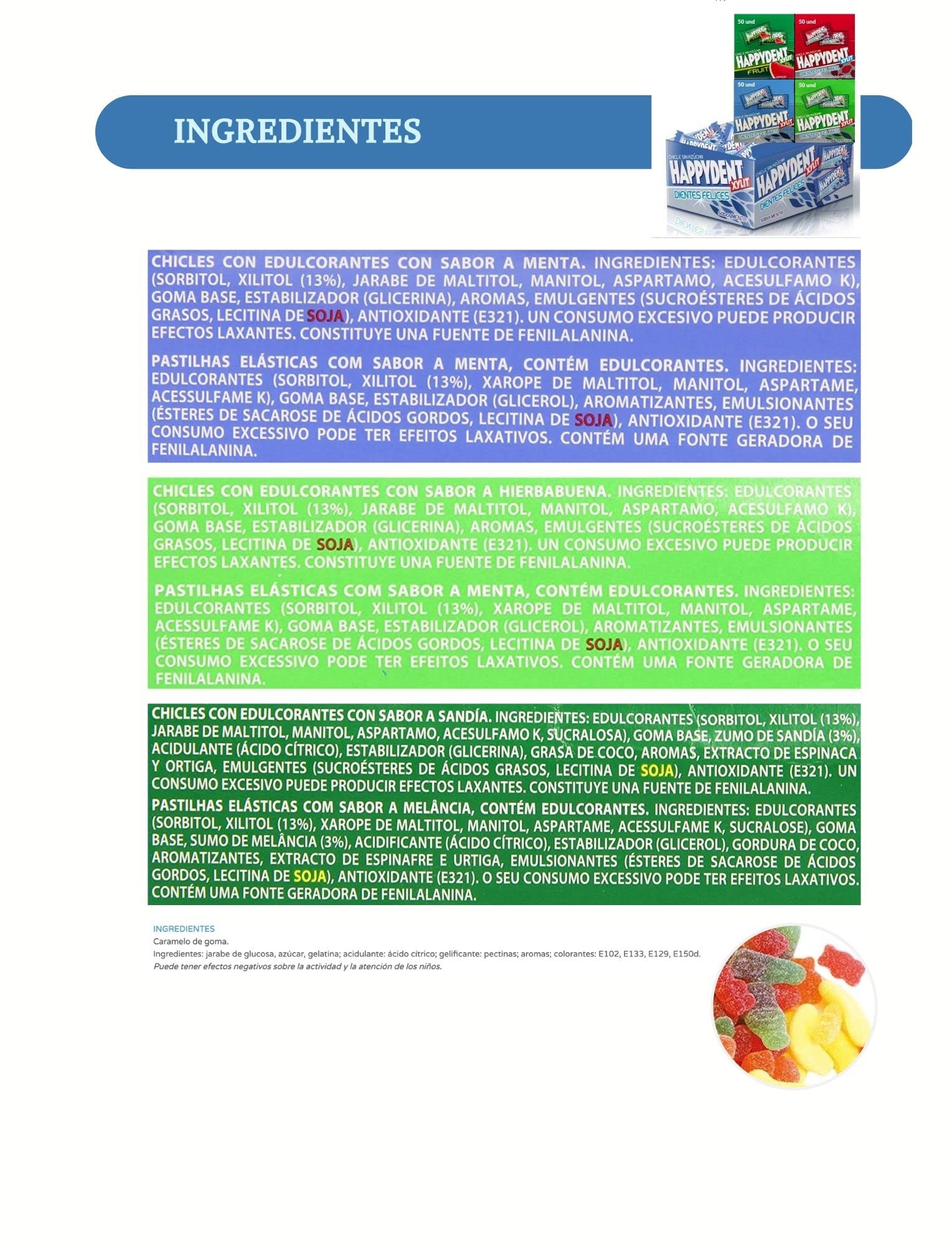 Happydent Chicles sin Azúcar 200 und Bolsa Chuches 80gr Sabores surtidos menta hierbabuena sandía fresa