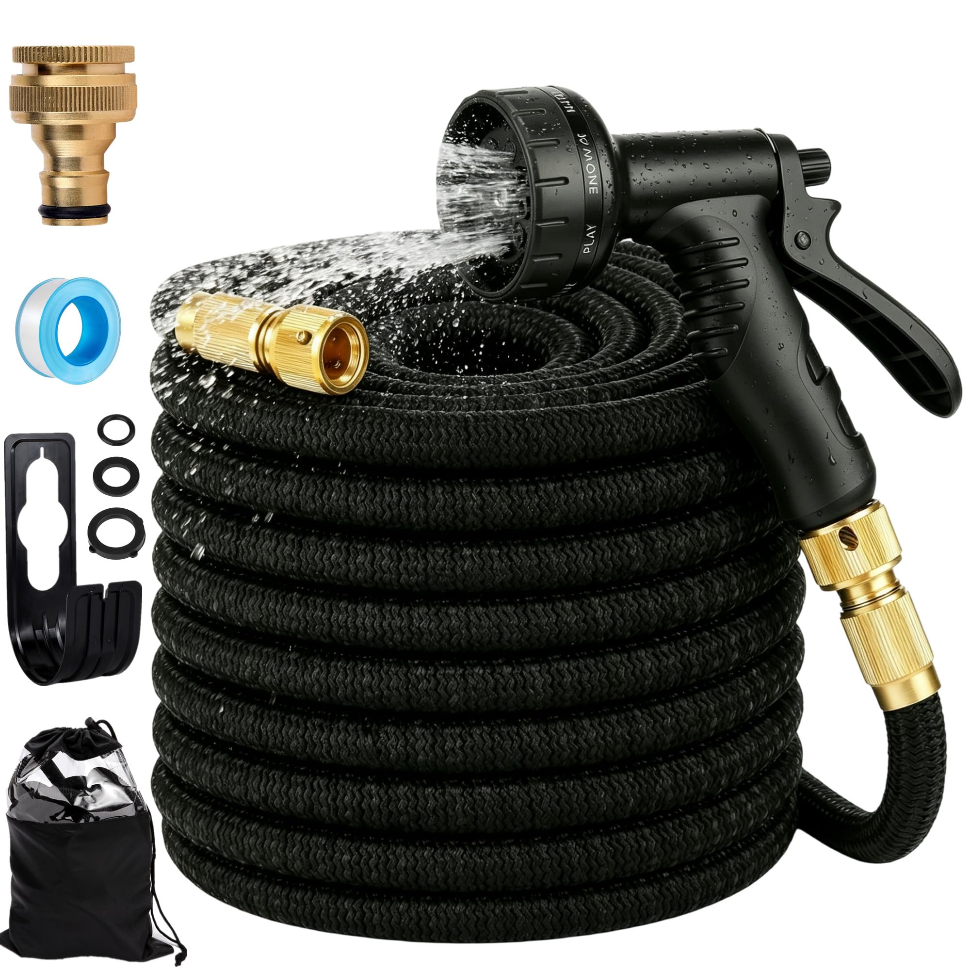 Expandable Garden Hose, Upgraded 3-Layer Natural Latex No-Kink Flexible Water Hose with 10-Pattern Spray Nozzle, Solid Brass Connectors – for Garden Watering, Car Wash, Pet Bathing (75ft)