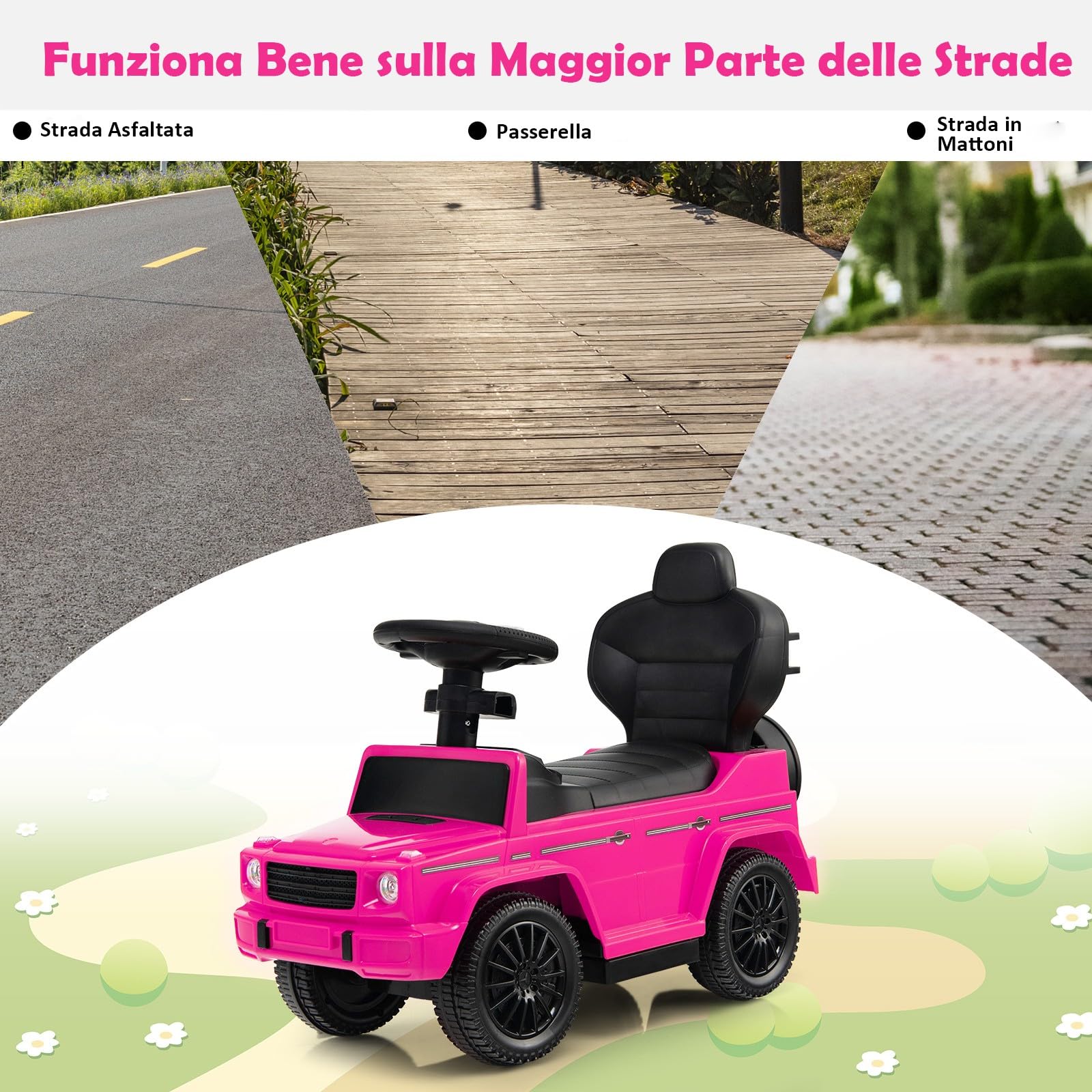 COSTWAY Auto a Spinta per Bambini, Macchina Cavalcabile a Spinta con Tettuccio Regolabile Maniglia per Genitori Paracolpi, Ideale per Bambini 12-36 Mesi (Rosa)