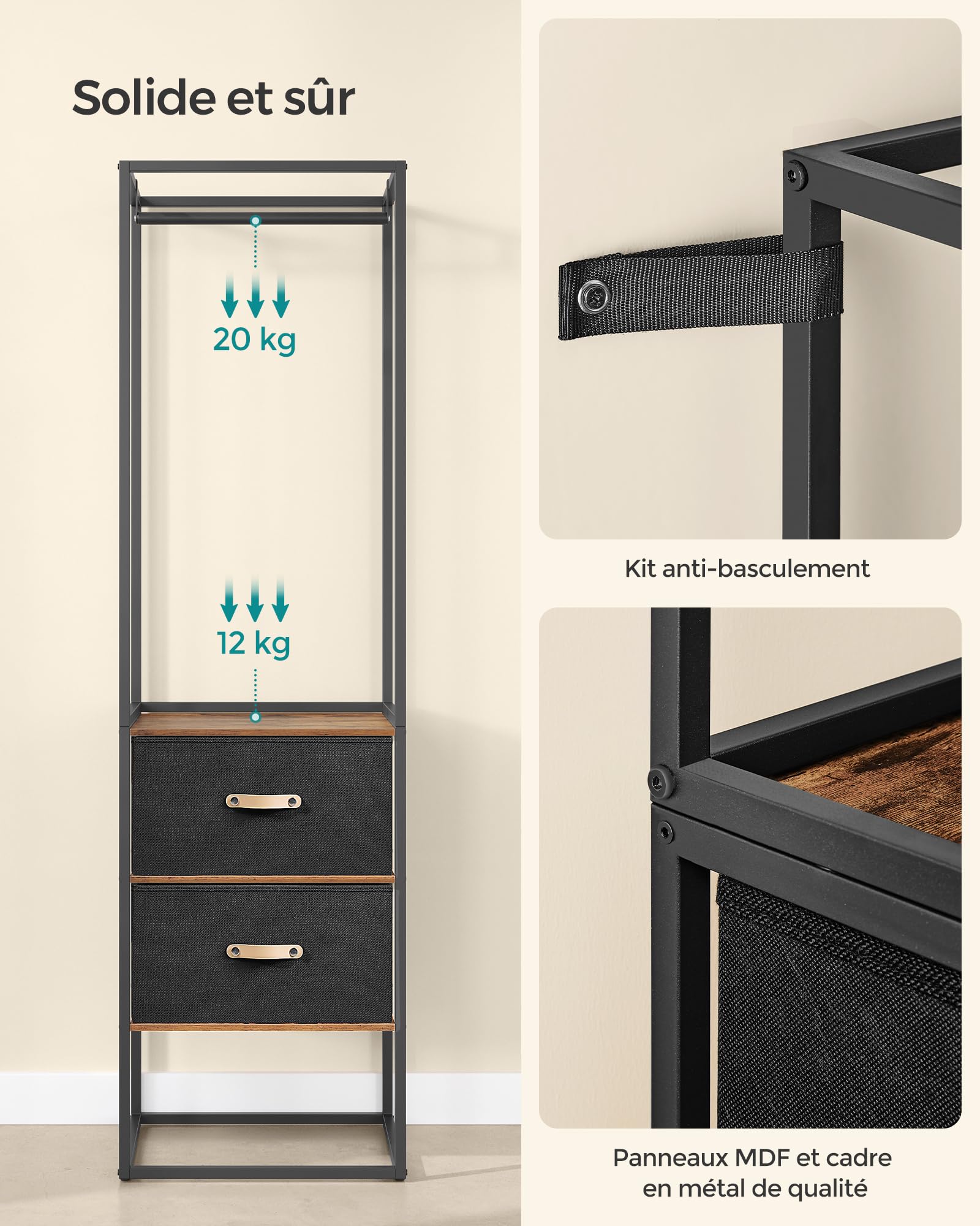 SONGMICS Penderie, Armoire Ouverte, Placard, Porte-Vêtements Solide avec 1 Tringle Extensible, 2 Tiroirs et 4 Étagères, pour Chambre, Gain de Place, Marron Rustique RGR003B01