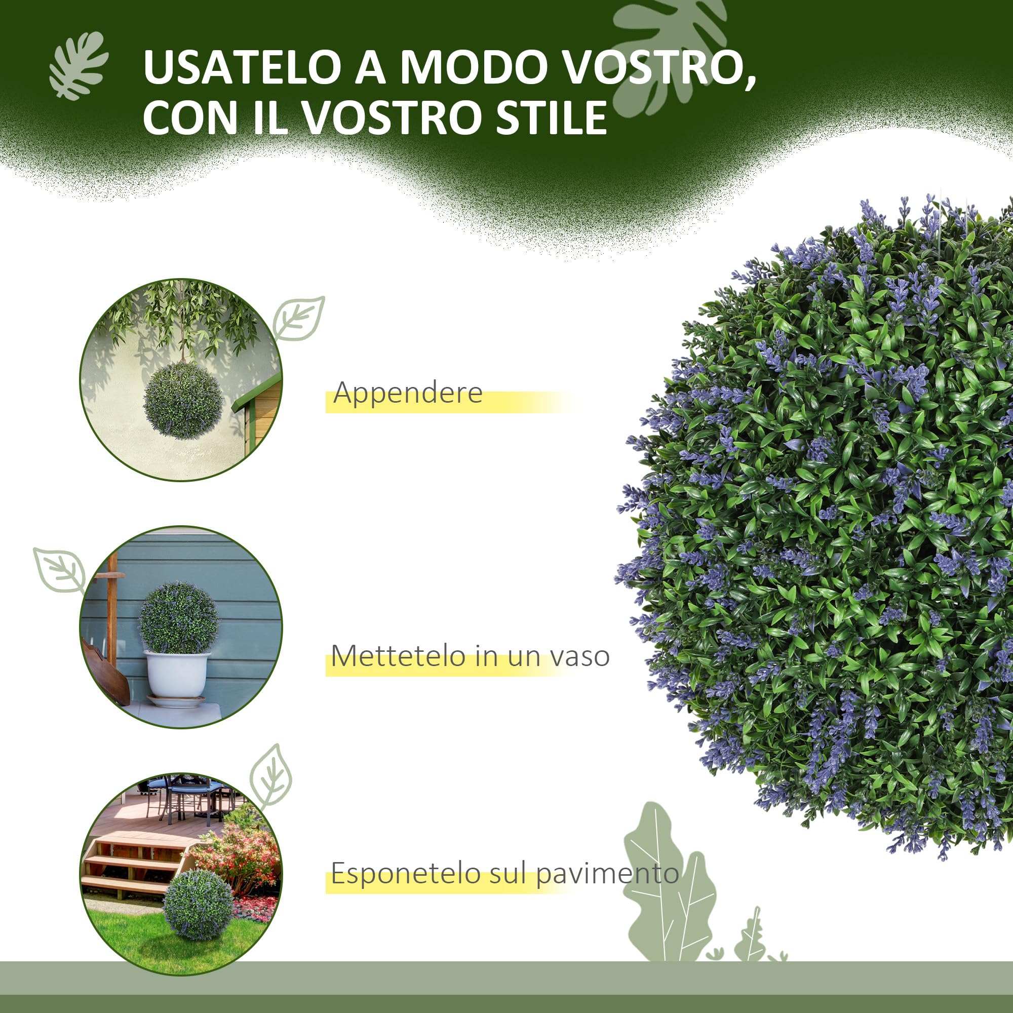 HOMCOM Set di 2 Piante Artificiali a Sfera con Fiori di Lavanda, Piante Finte Anti-UV per Casa e Giardino, Ø42 cm, Verde e Viola